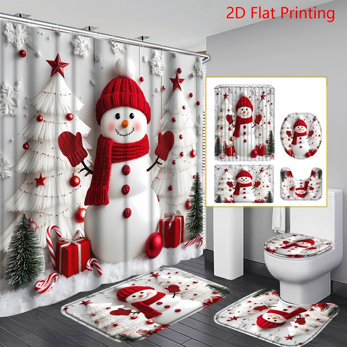 TEMU 4pcs 2d Flat Merry Christmas Snowman & Christmas Tree Shower Curtain Set, Christmas Theme Bathroom Curtain Set With 12 Hooks Included Non-slip
