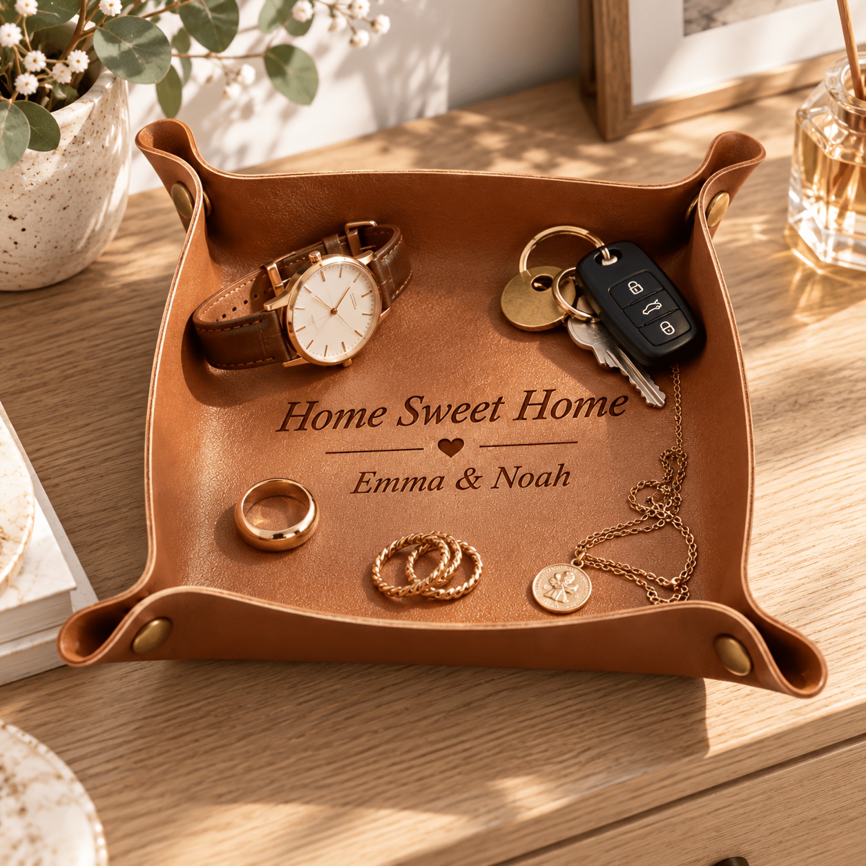 TEMU Bandeja de recolección personalizada de cuero sintético, bandeja plegable para dados grabada con láser, organizador cuadrado para llaves, joyas,