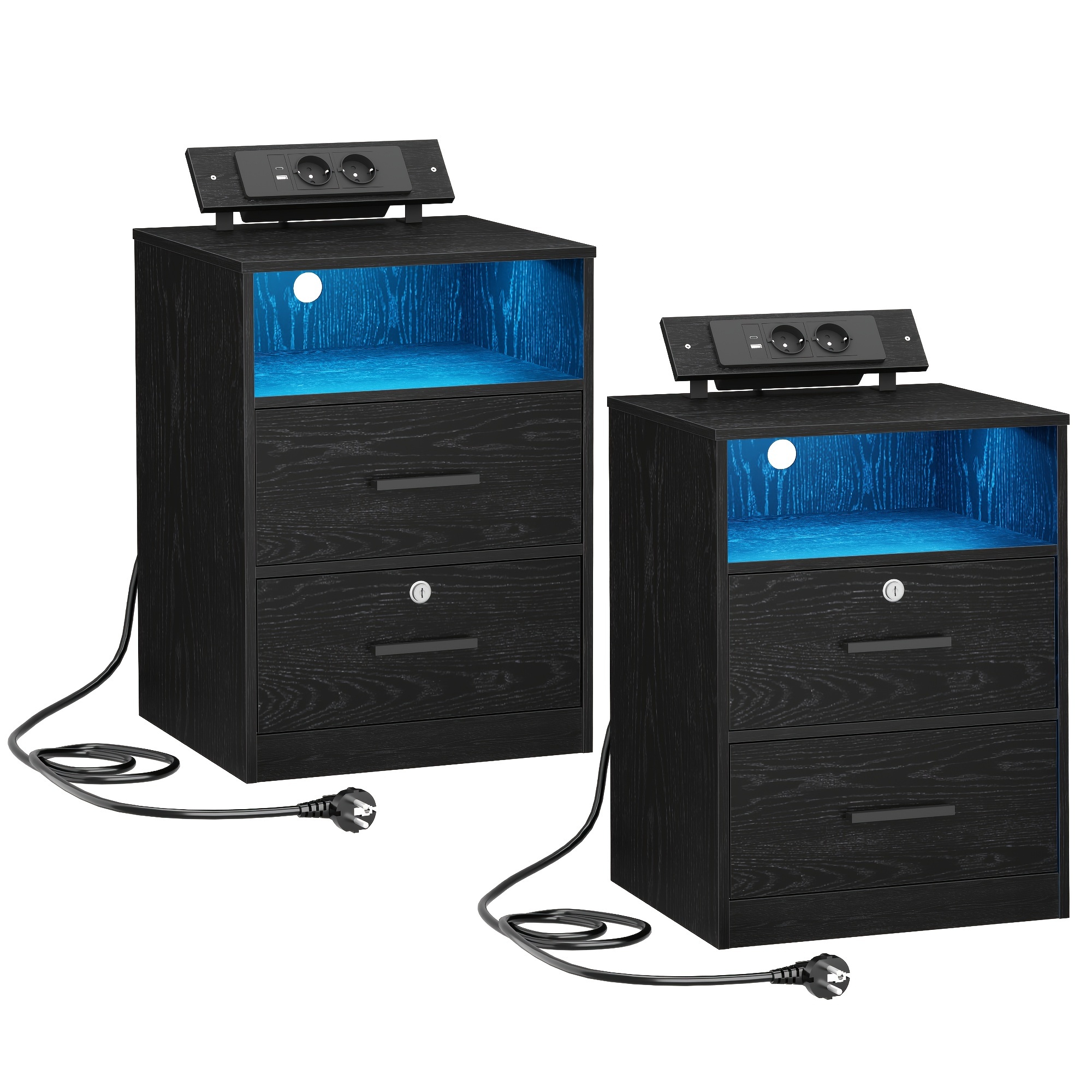 Nightstand 2pcs Set With Charging Station, Usb And Type-c Ports, Side Table With Led Lights, 1 Open Compartment And 2 Drawers, Suitable For Bedroom, Living Room