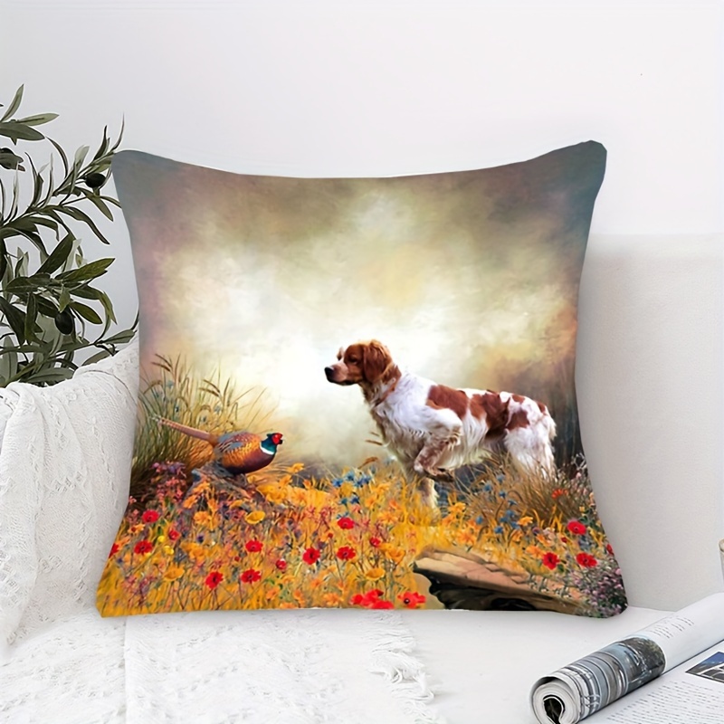 

1pc, 18x18 Inch Brittany Spaniel & Hunting Print, Short Plush Cushion Cover, Contemporary Style, Machine Washable, Colors, Zipper Closure, Polyester Fabric, Suitable For Sofa, Office, Car Decor