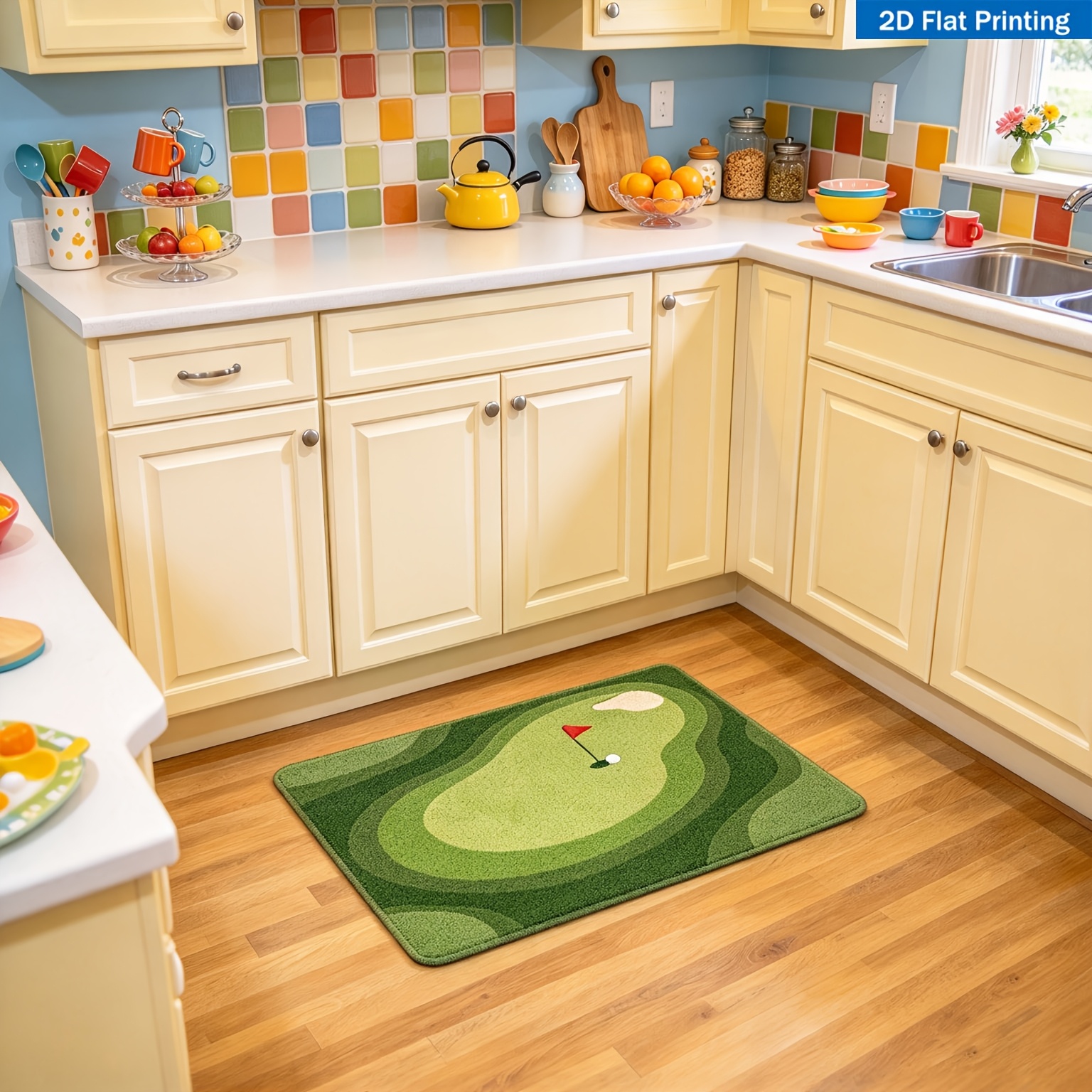 TEMU 1pc Golf Green Pattern Kitchen Rug, Suitable For Various Scenes Such As Entrances, Kitchens, Living Rooms, Laundry Rooms, And Bathrooms. Flannel