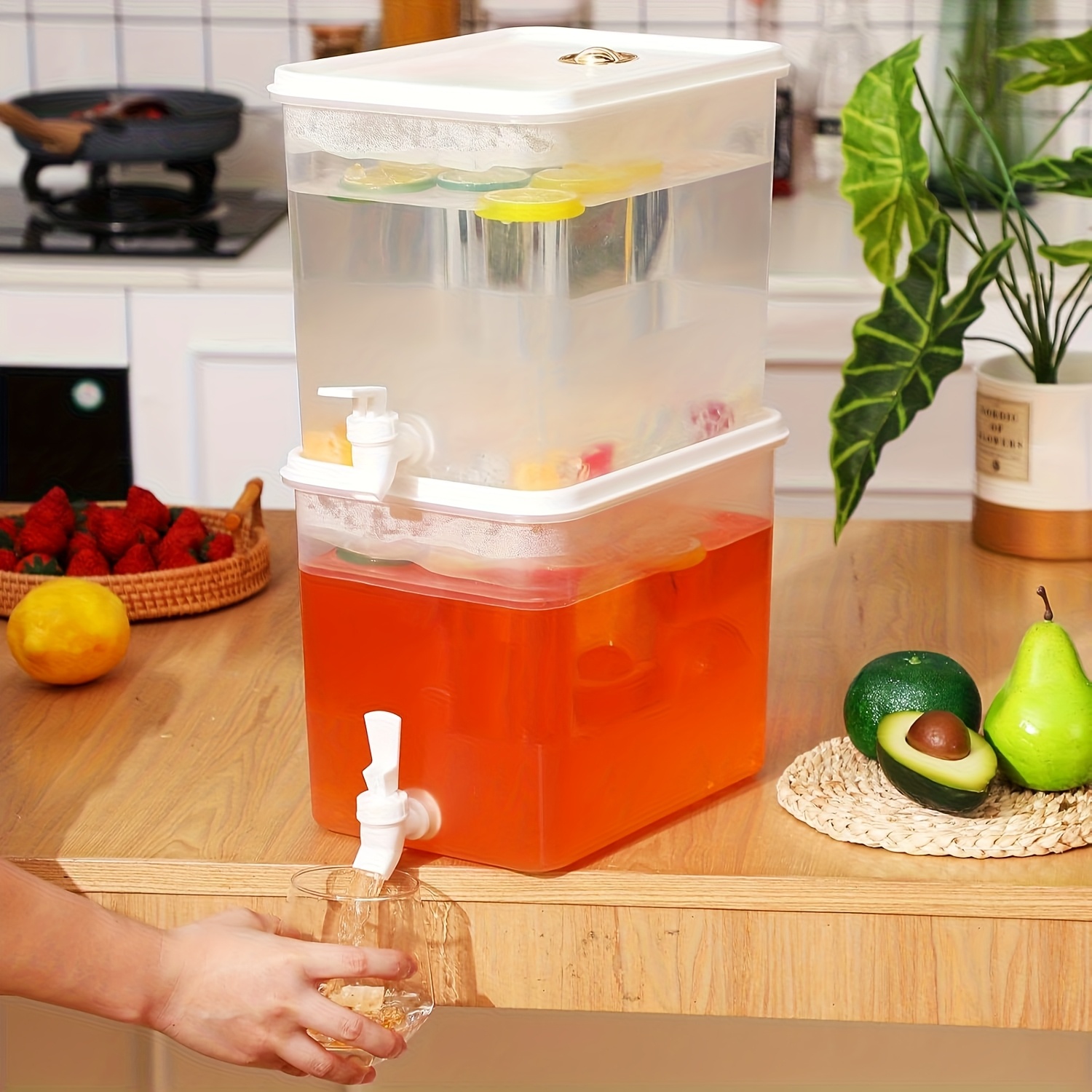 Domensi 2 Pack 9.46 L Drink Dispenser for Fridge with Spigot Water Dispenser Leak Proof Lids Filter Screen Beverage Juice Container Sealed Plastic Lemonade Milk Cold Hot Drink Tea Jug for Party