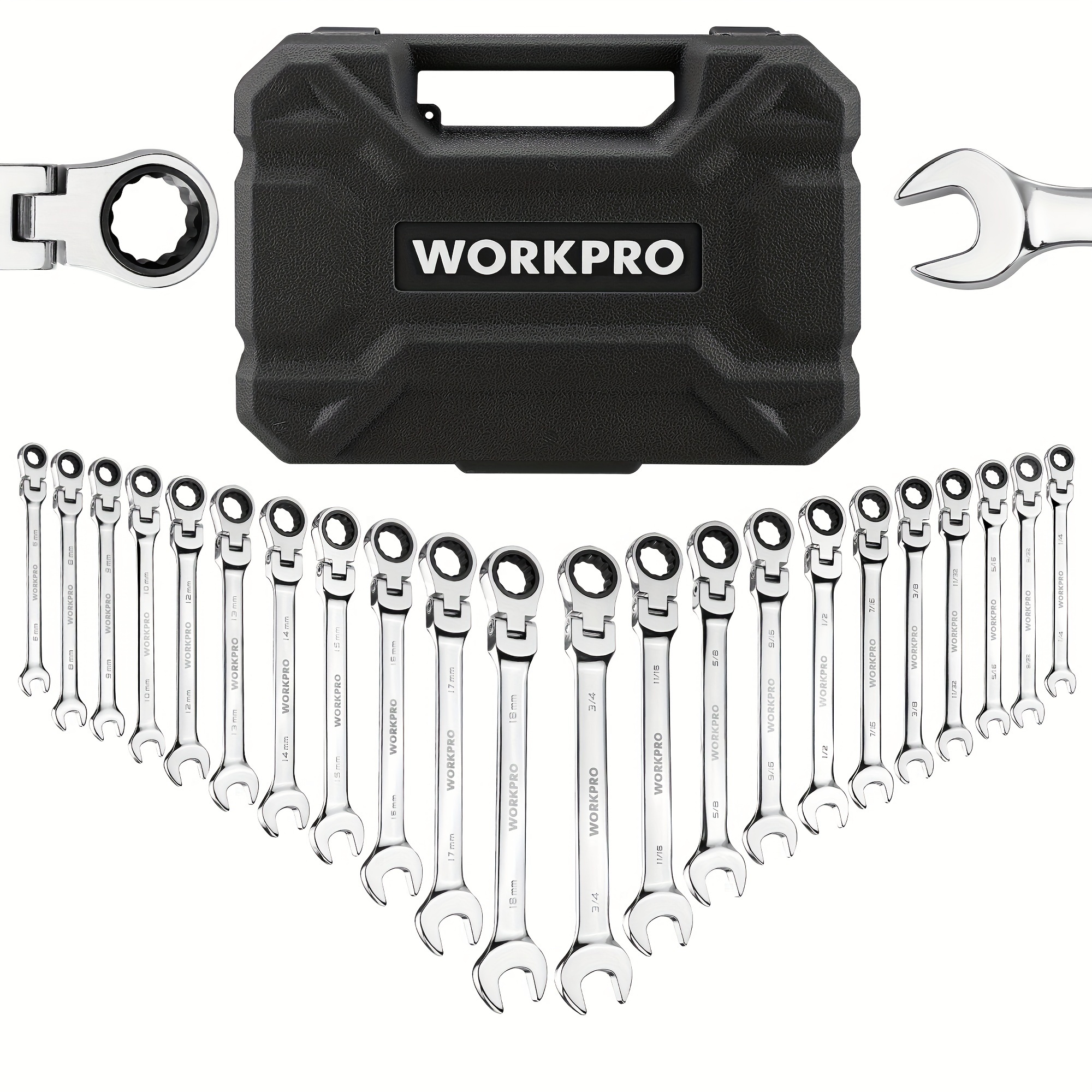 

Workpro 22-piece Ratcheting Wrench Set, Flex-head Ratchet Combination Wrench Sets With Organizer Box, 72 Teeth, Metric 6-18mm & Sae 1/4-3/4