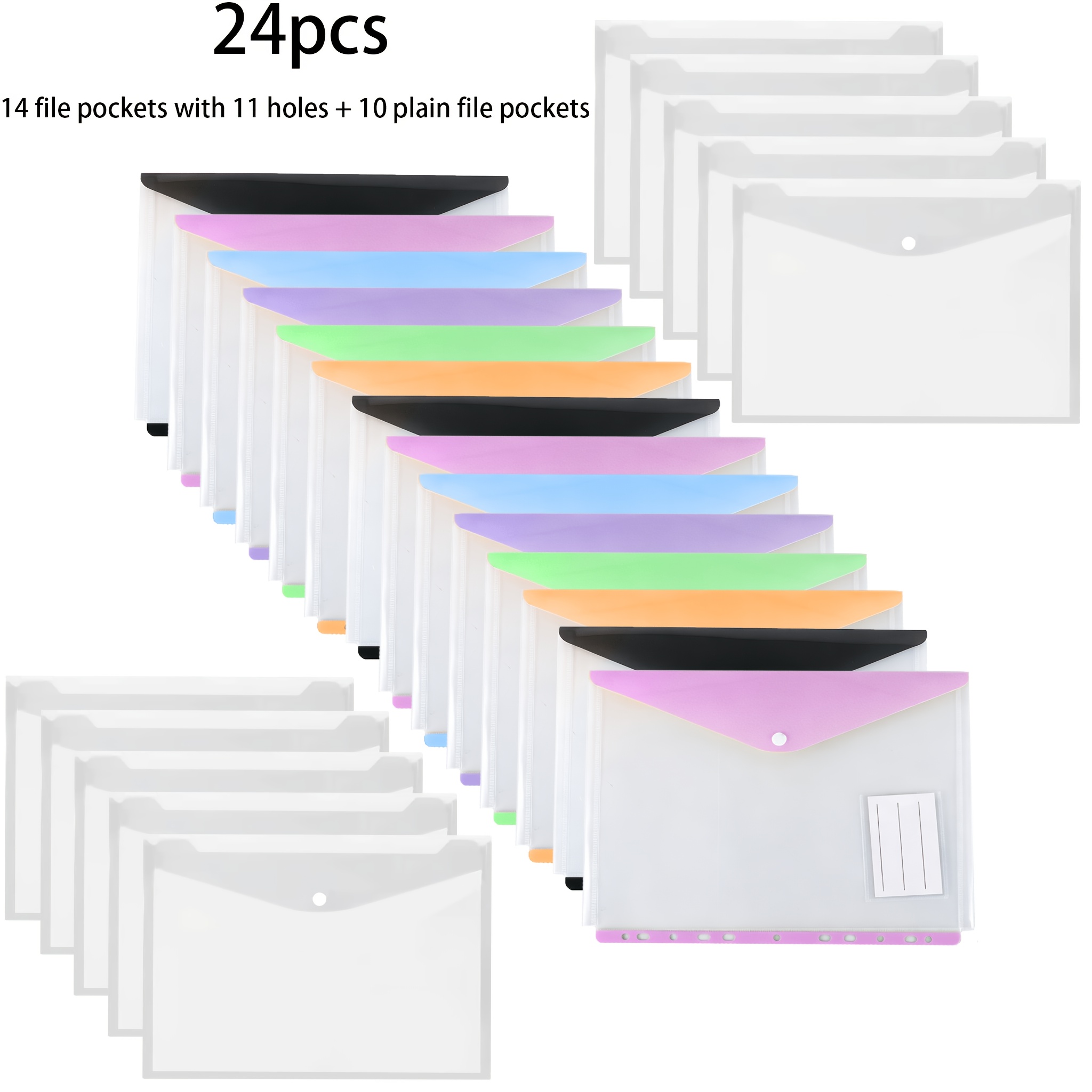 TEMU 24pcs (14pcs 11-hole File Folders And 10pcs Blank File Folders), Colorful A4 Loose-leaf Binders Transparent Document Storage Bags Snap-button