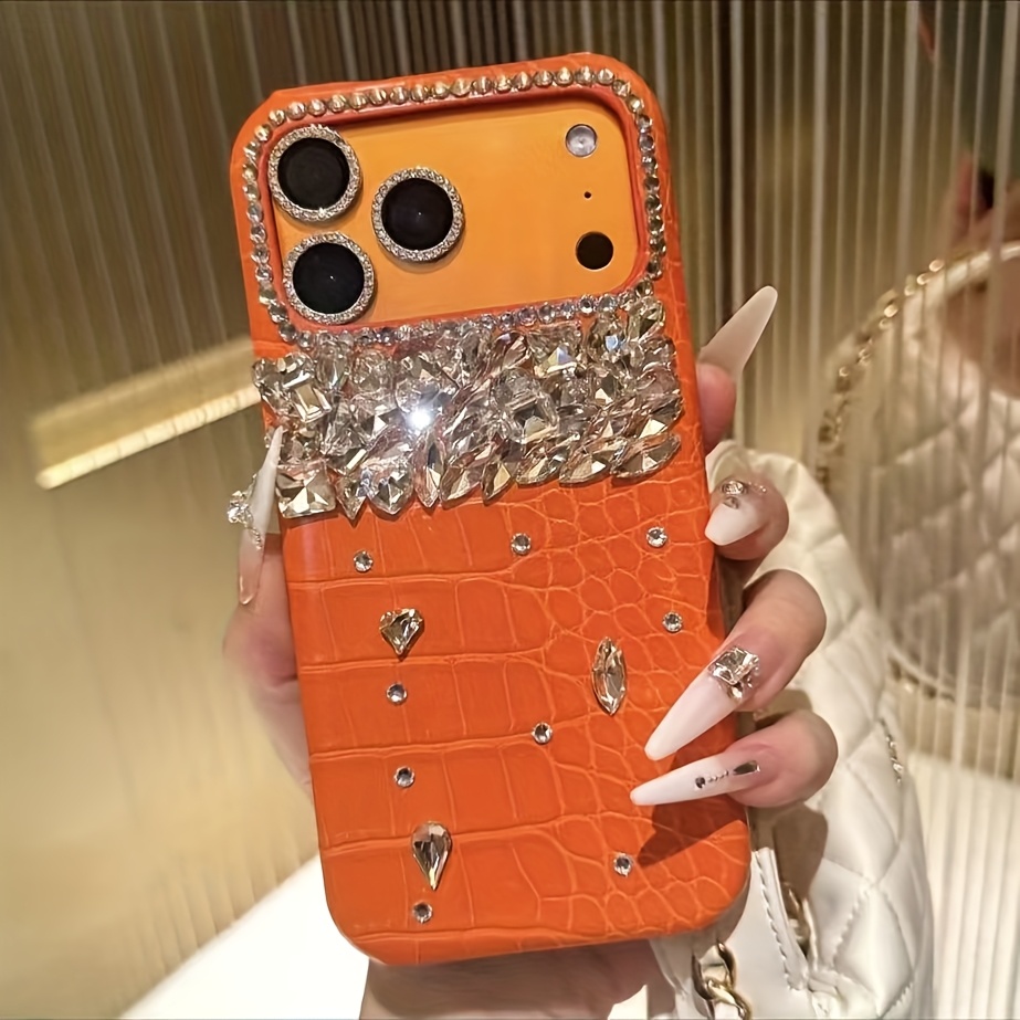 TEMU Phone Case: Premium Crocodile-pattern Orange Handmade Rhinestone Half-face Piled Diamond Phone Case, Suitable For Iphone 13 17 Pro Max