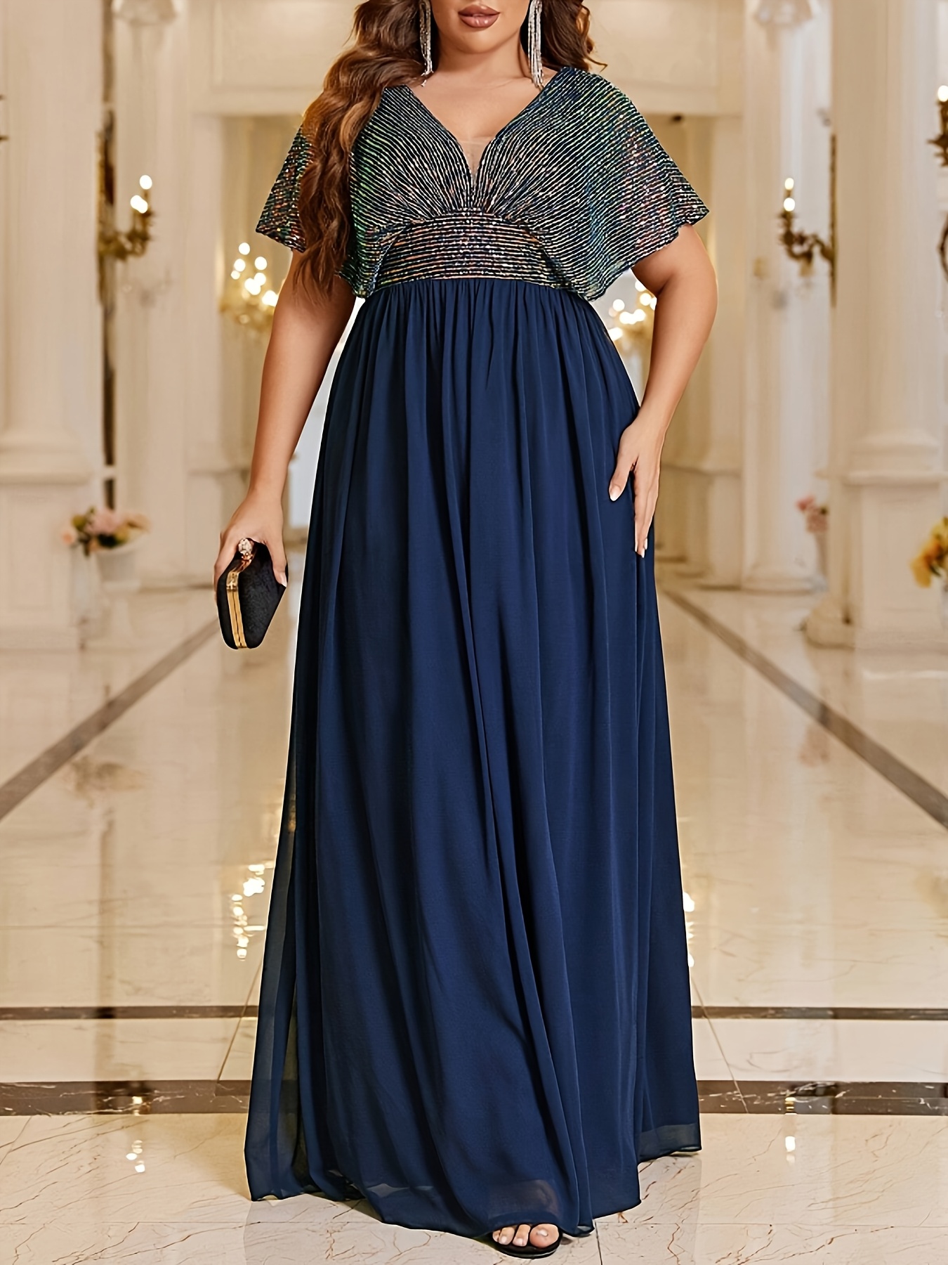 slim fit dress slacks Long Pleated Plus-Size Formal Dress with Long Sleeves– PromGirl