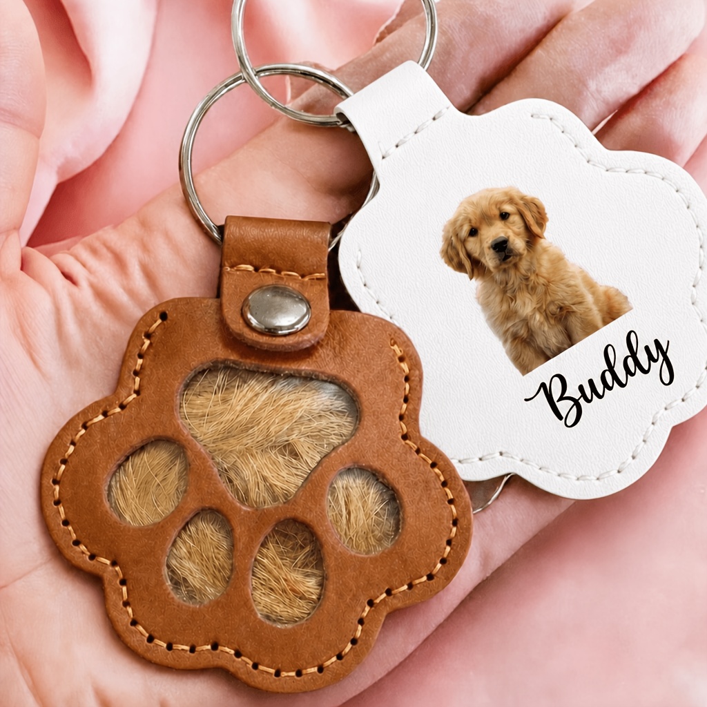 TEMU Personalized Photo & Name Pet Keychain - Pu Leather Custom Keyring With Date/name Engraving, Fillable Pocket & Paw Print Option, Pet Birthday Or