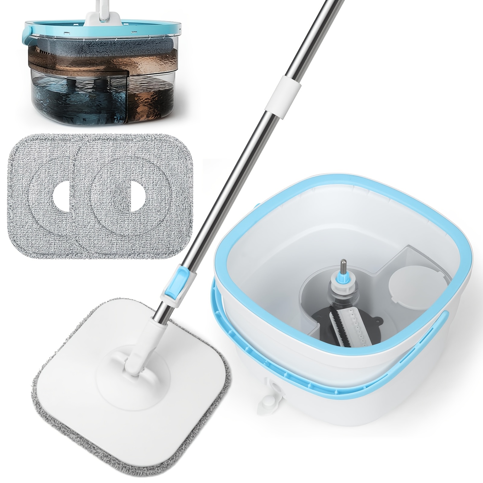 Image of 130 Cm Wash Mop Set, Including Bucket, 2-in-1 Filtration System, Separates Dirt From Clean Water, Floor Cleaning Bucket With Wringing Function, With 2 Microfiber Mop Covers