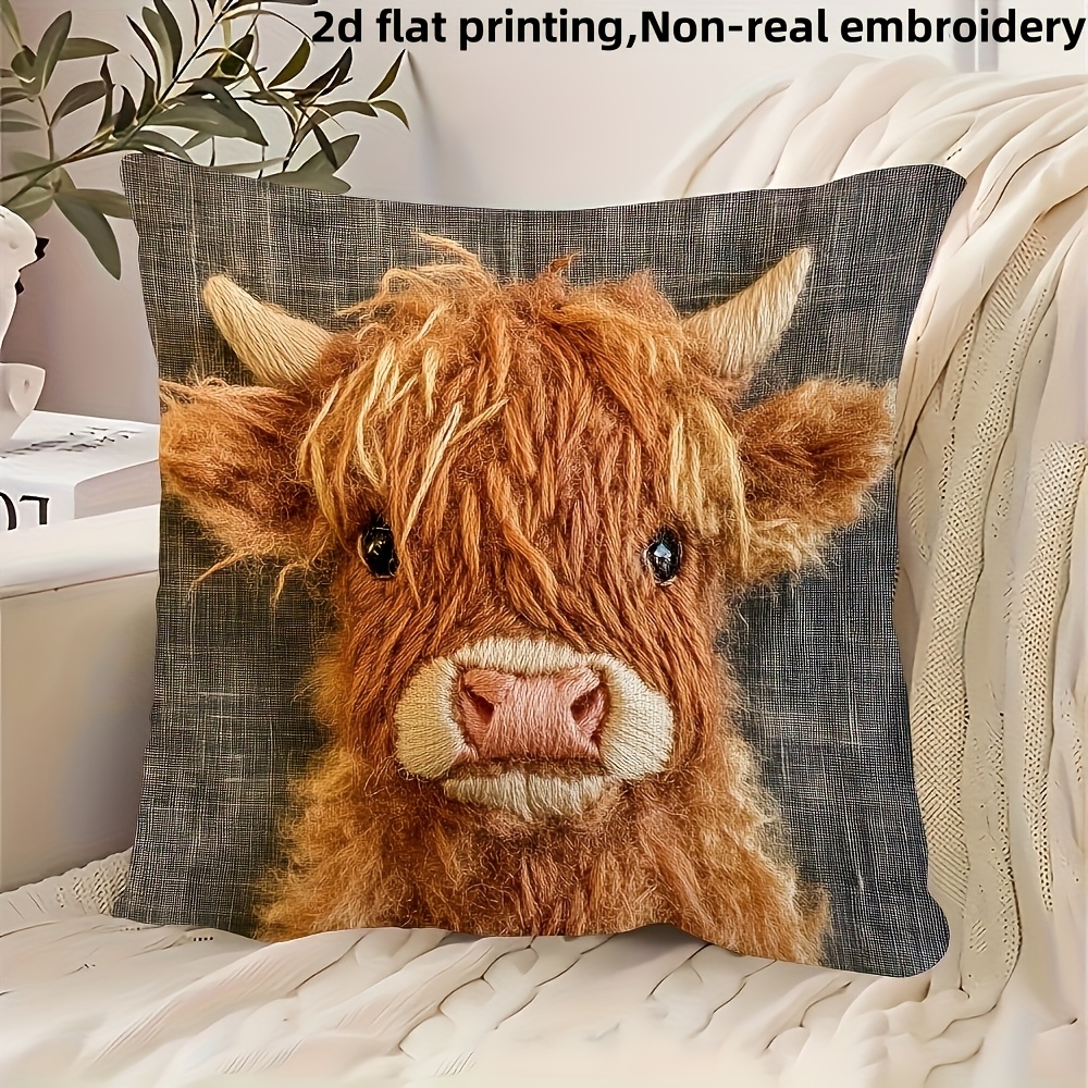 TEMU 2d Flat - 1pc, 2d Flat Printing, 18x18 Inches Short Plush Pillow Cover, New Single-sided Pillow Cover Featuring A Cute Highland Cow, Non-real
