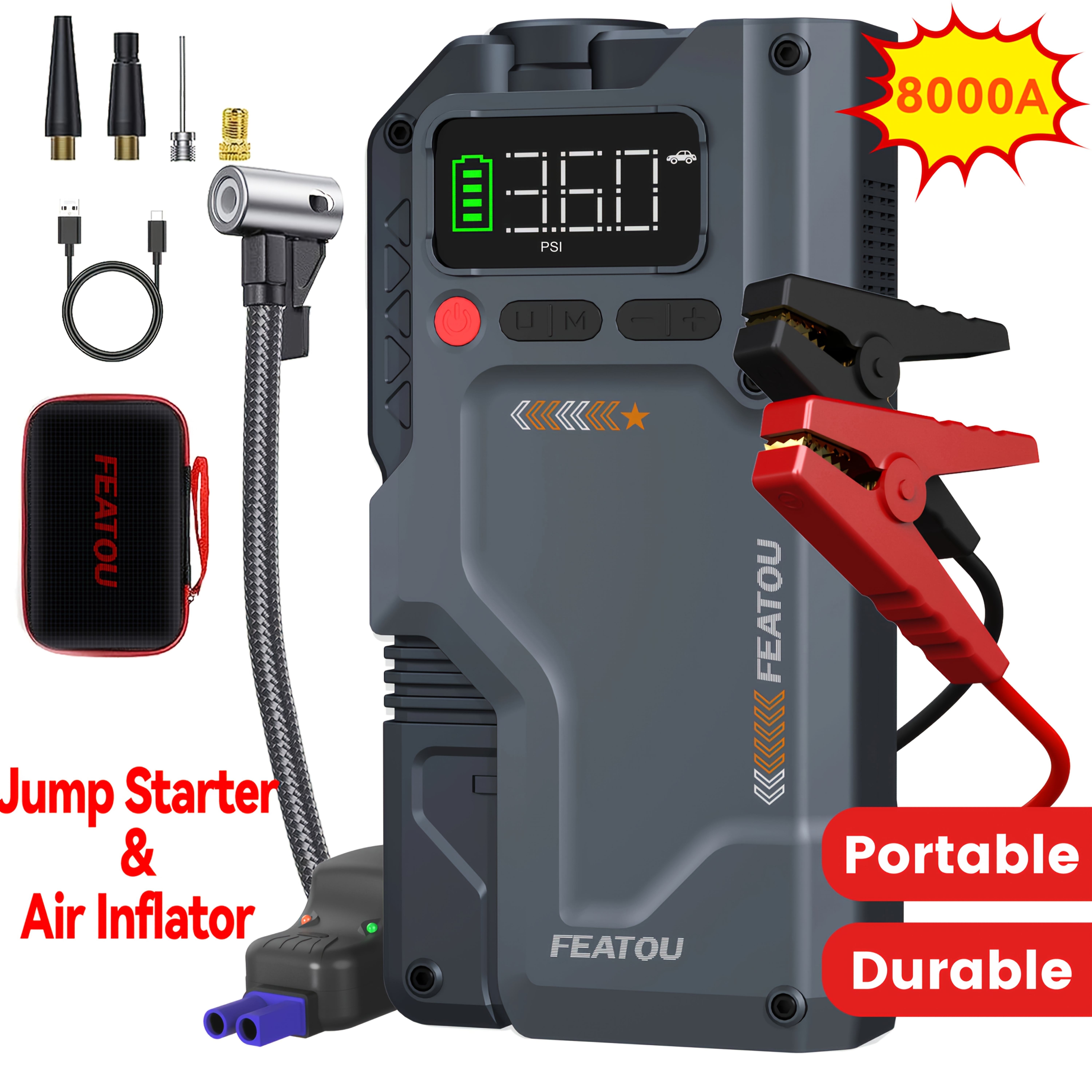 TEMU Démarreur de voiture, démarreur de batterie 12000A & 8000A avec compresseur d'air, pour moteurs essence jusqu'à 10.0L et moteurs diesel jusqu'à