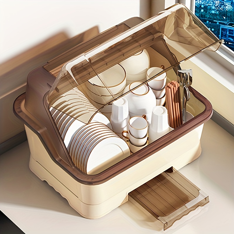 dish drying rack with lid space saving dust proof kitchen storage cabinet cream multifunctional cutlery organizer with drainage board drainage function suitable for countertop and cabinet dish rack for kitchen countertop