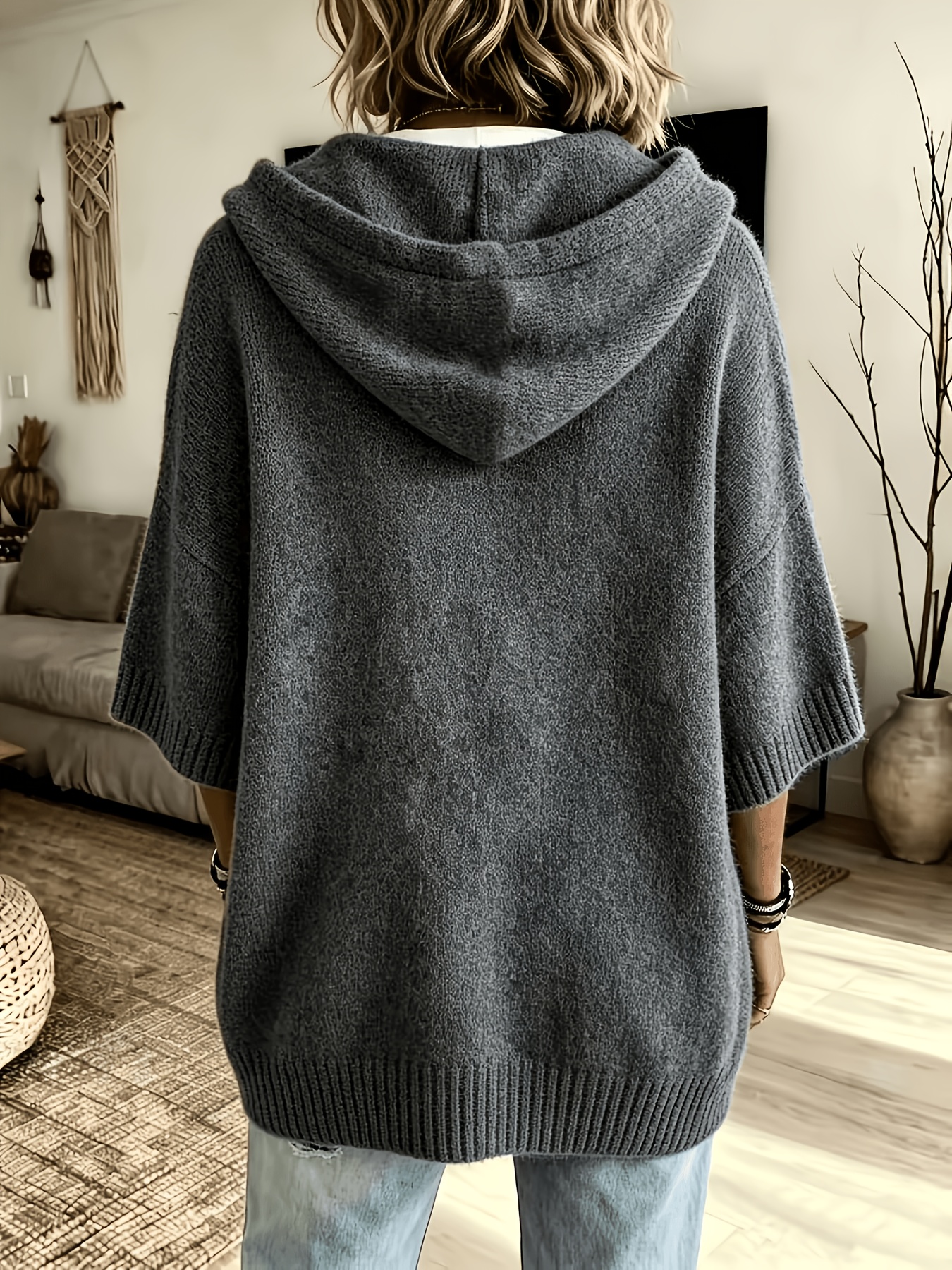 damen eleganter, lässiger, niedlicher, kapuzenpullover, kurzer umhangcardigan mit fledermausärmeln, kurzärmelig, halblangärmelig, strickware, plüsch, gemustert, einfarbig, weicher, warmer pullover