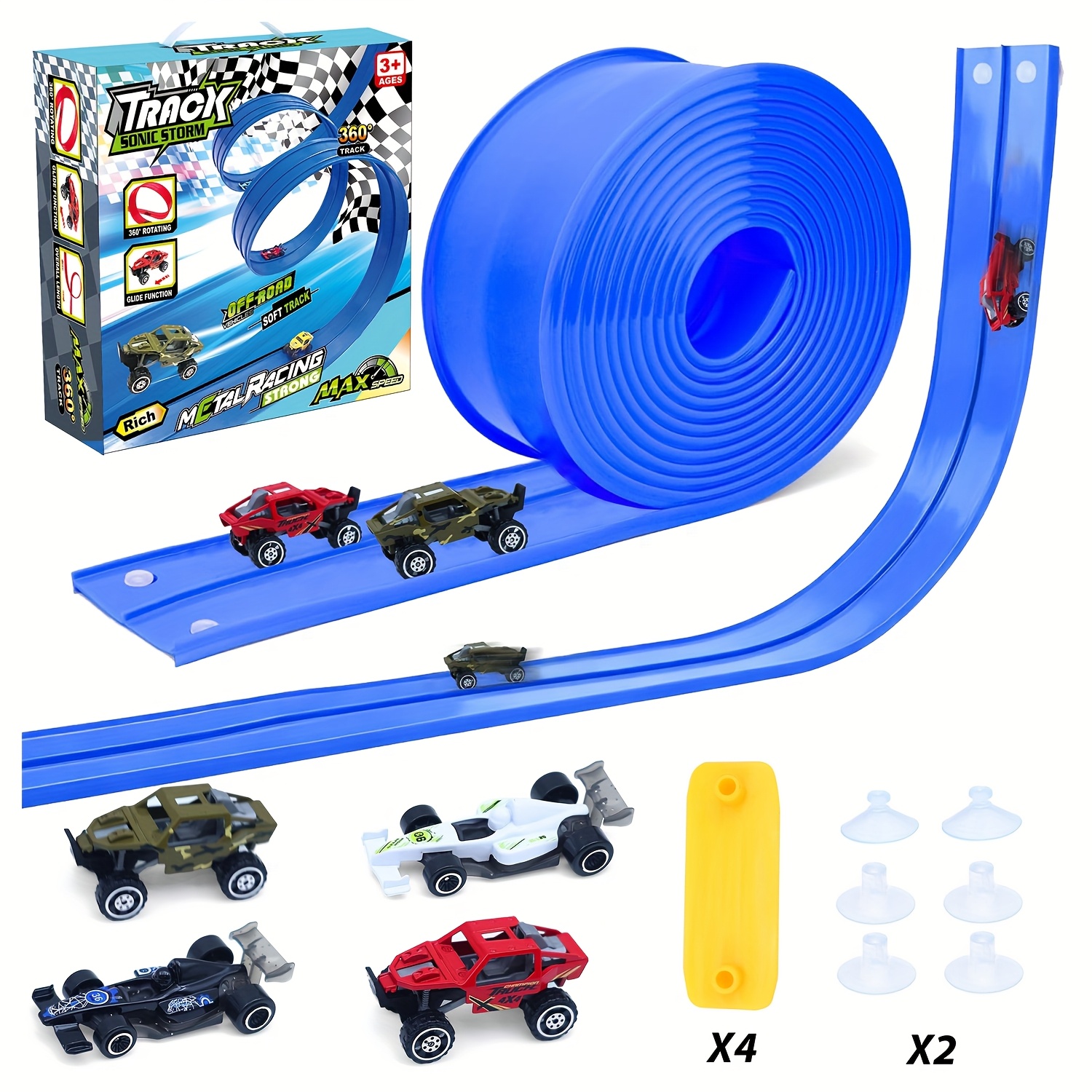 Fleksibilne trkaće staze za djecu: 4.88 metara Fleksibilna rampa za trkaće automobile s usisnim čašicama - Sklopiva prijenosna trkaća staza kompatibilna s Diecast 1/64Th modelom - Rođendanski pokloni za dječake i djevojčice 3+ (Vozilo nasumično)