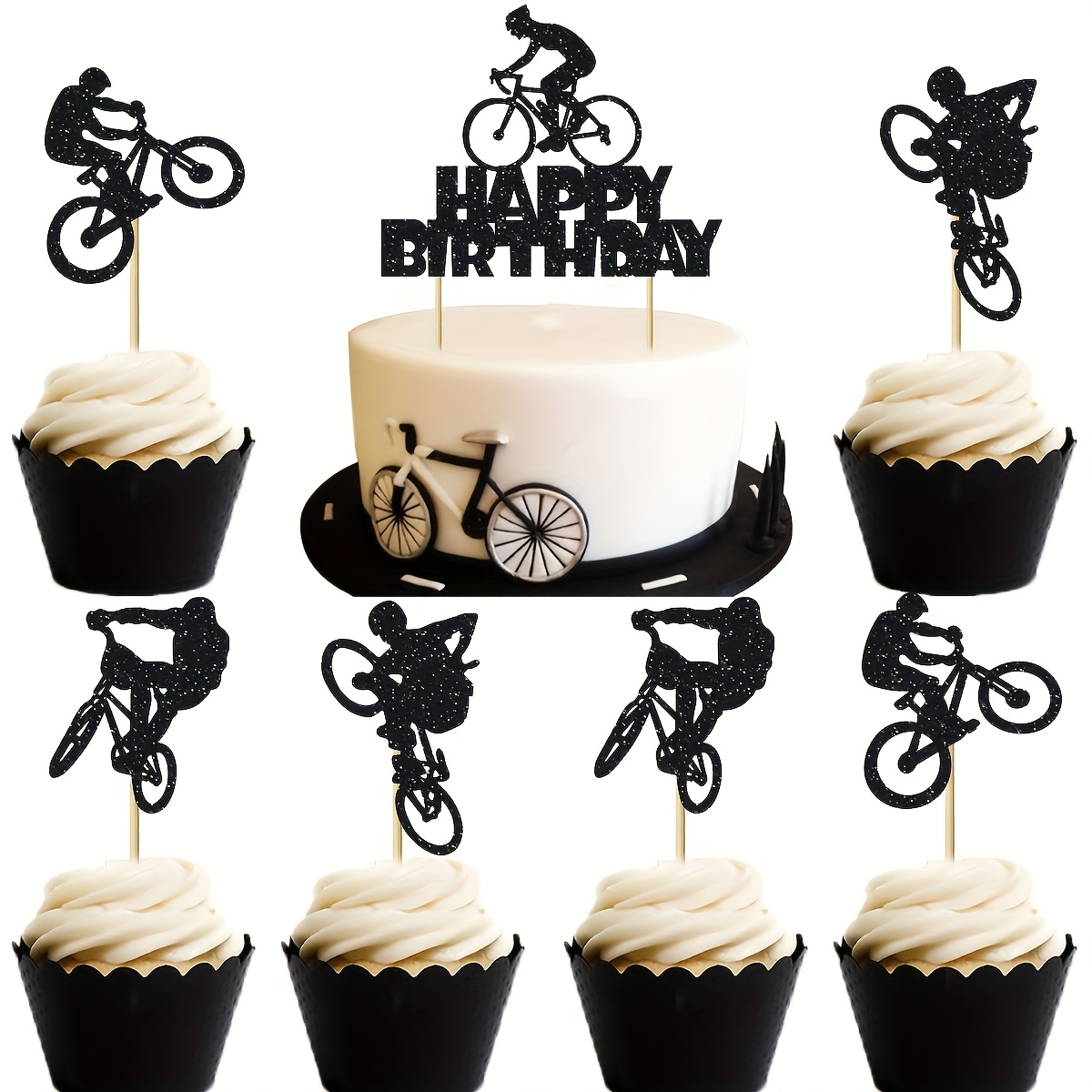 13pcs Bicycle Happy Birthday Cake Toppers - Glitter Cycling Theme Cupcake Decorations With Black Silhouette Bikers