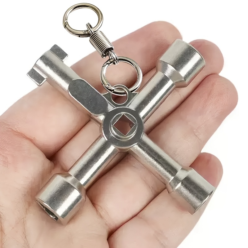 TEMU 2pcs (1pc 6-in-1 Socket Wrench And 1pc Spring Double Ring Keychain) 6-in-1 Faucet Key, Water Valve Door Key Double Ring Convenient, Suitable For