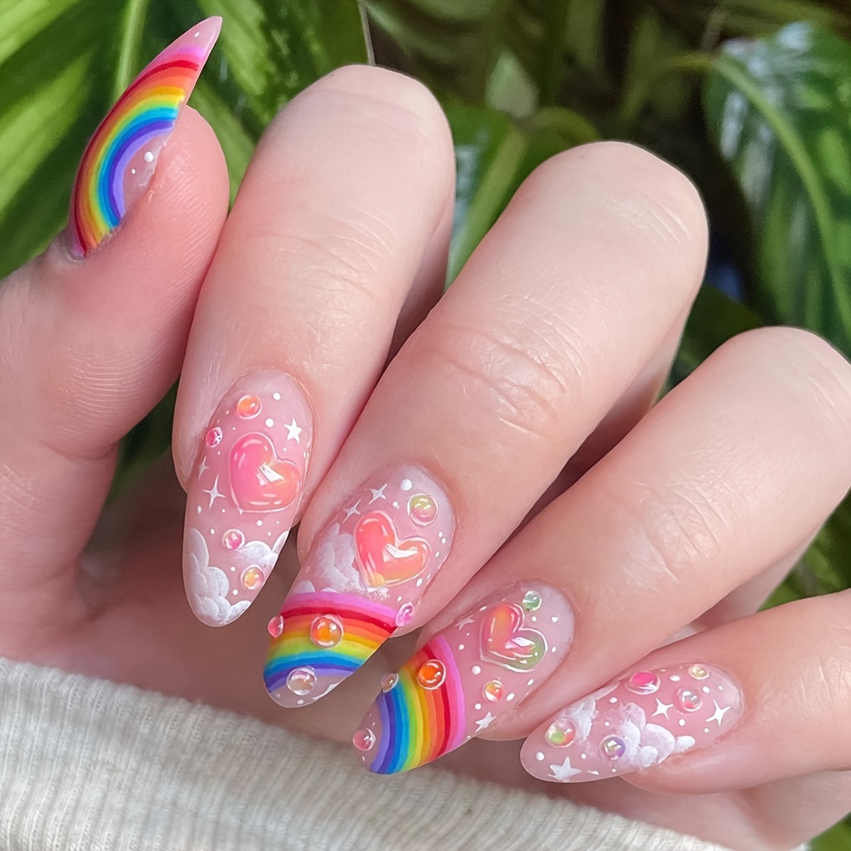 medium almond press on nails cloud rainbow heart design fake nails full cover false nails for women and girls details 0