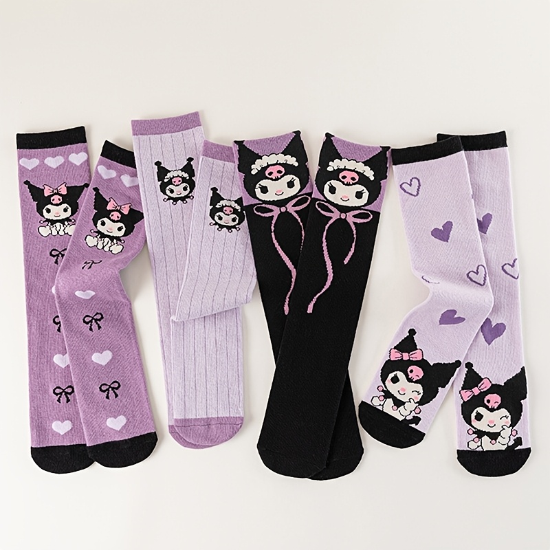 

4 Paires de chaussettes Sanrio Kuromi taille genou pour femmes, tissu tricoté polyester 95% élasthanne 5%, motif cœur, série violet, simple et polyvalent, lavable à - 200g/m²