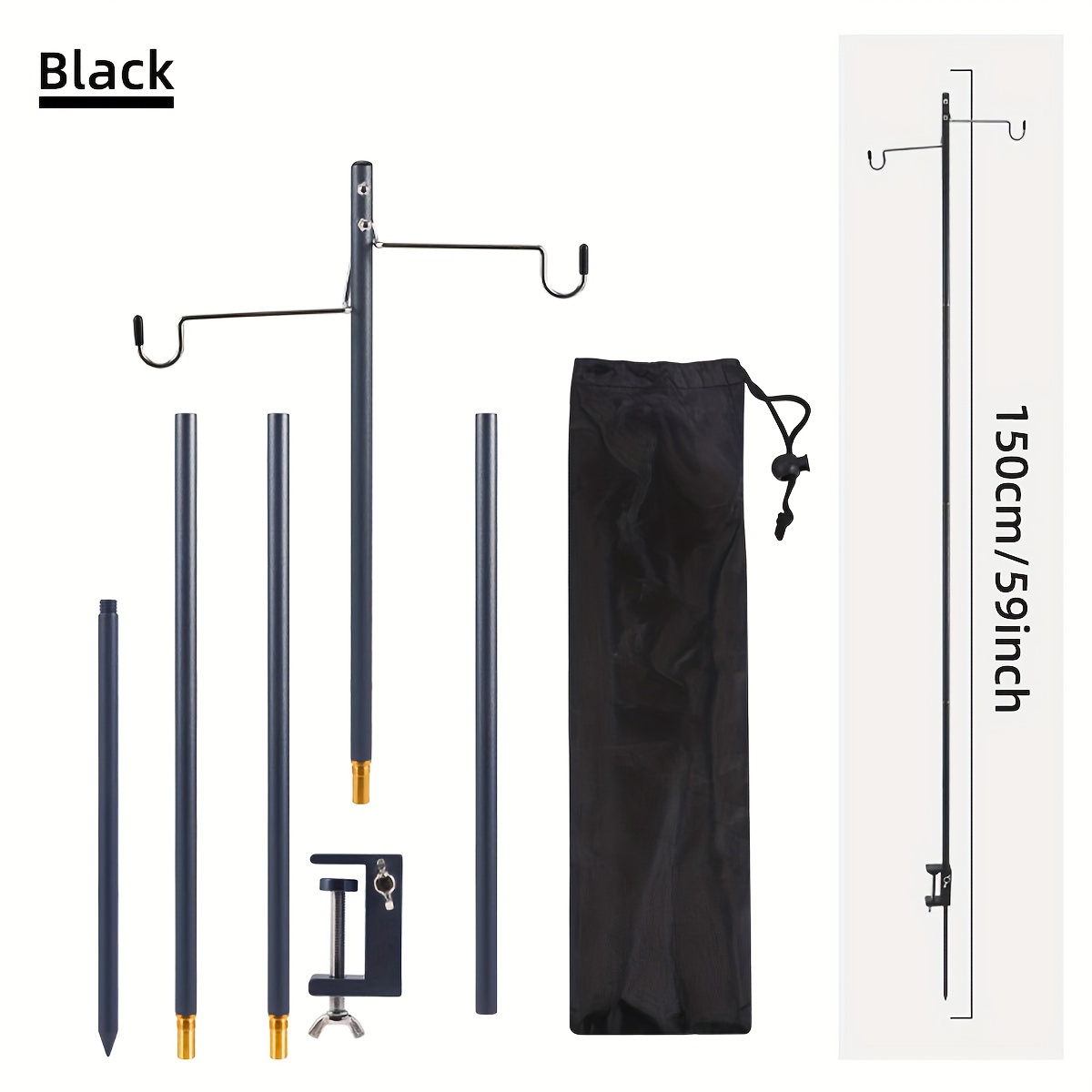 TEMU 1pc, Aluminum Alloy Folding Light Rack, 4 Sections And Double Hooks, Camping Light Holder, Tabletop Detachable Lamp Hangers, Lightweight And