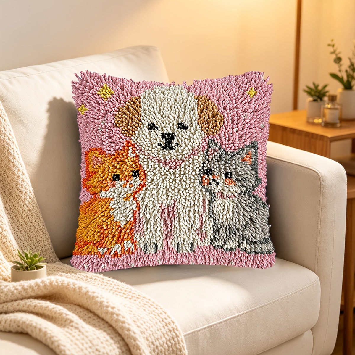 Handmade Pillow Latch Hook Kit, Cats and Dogs Design