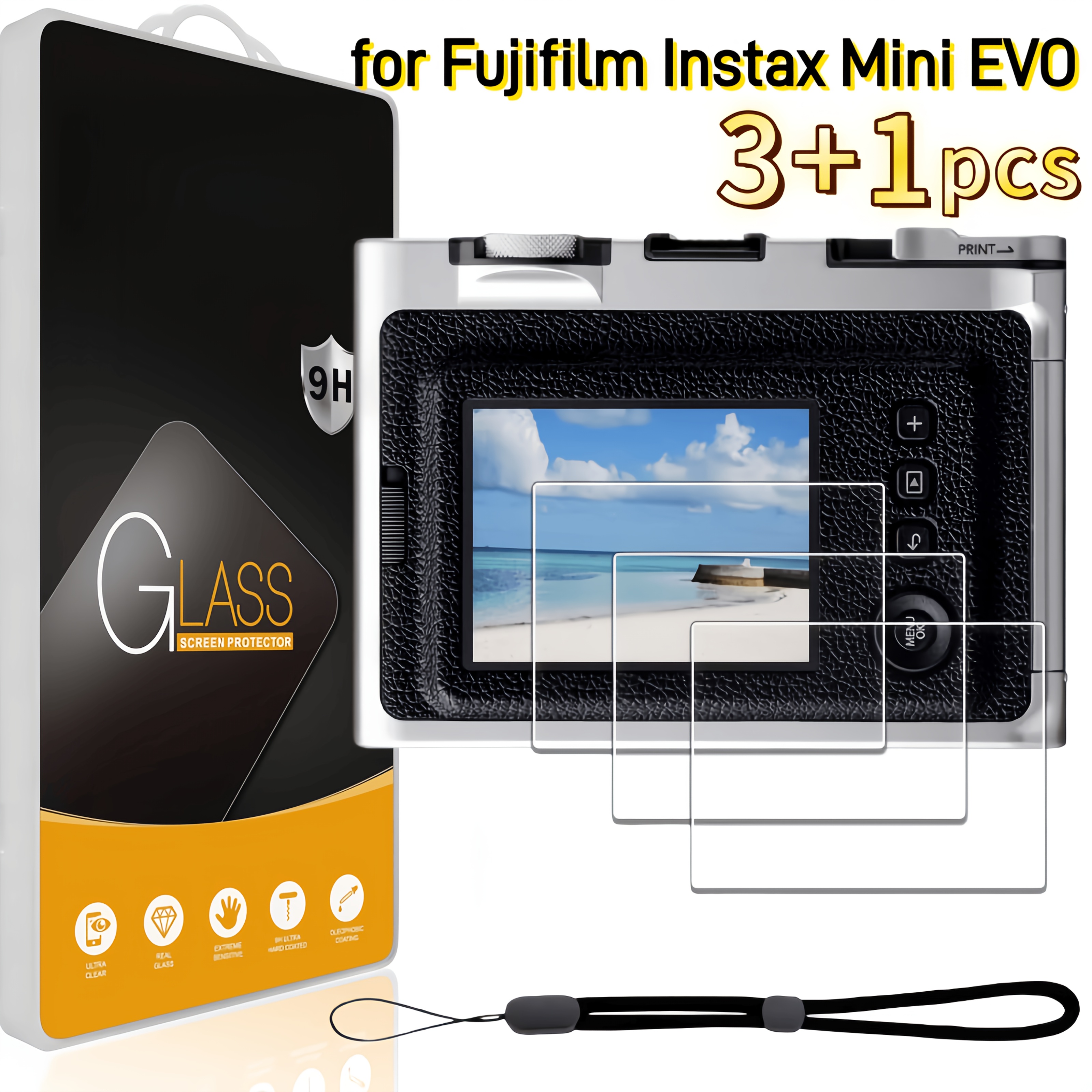TEMU Accesorio protector de pantalla LCD de vidrio esmerilado antiarañazos HD (3+1) piezas para cámara Fujifilm Instax Mini EVO con cordón, 9H para
