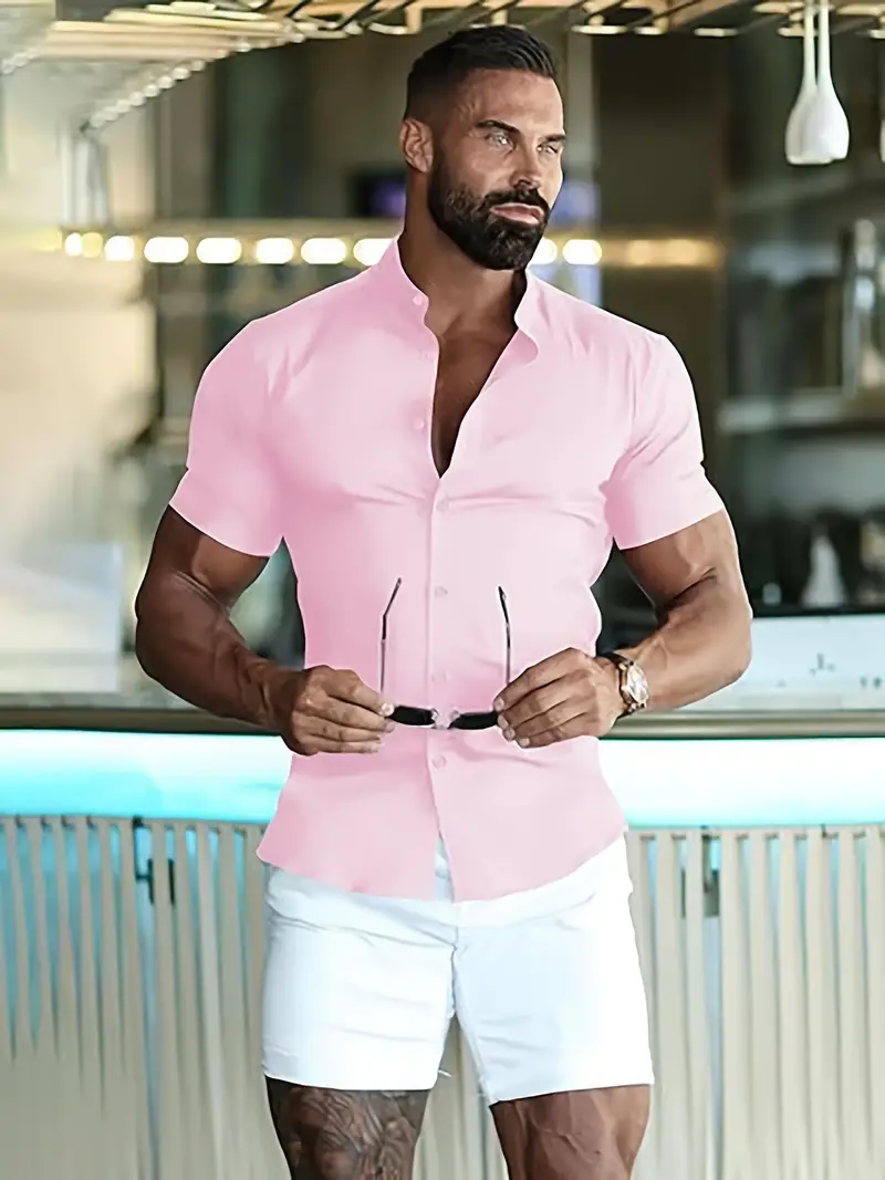 * *'s Muscle Fit * Stretch Dress Shirt - *-Fit Short Sleeve Button- with * Collar, Rayon/Nylon/Spandex, Muscle-Defining Tailored Look * *'s Muscle Fit * Stretch Dress Shirt - *-Fit Short Sleeve Button- with * Collar, Rayon/Nylon/Spandex, Muscle-Defining Tailored Look