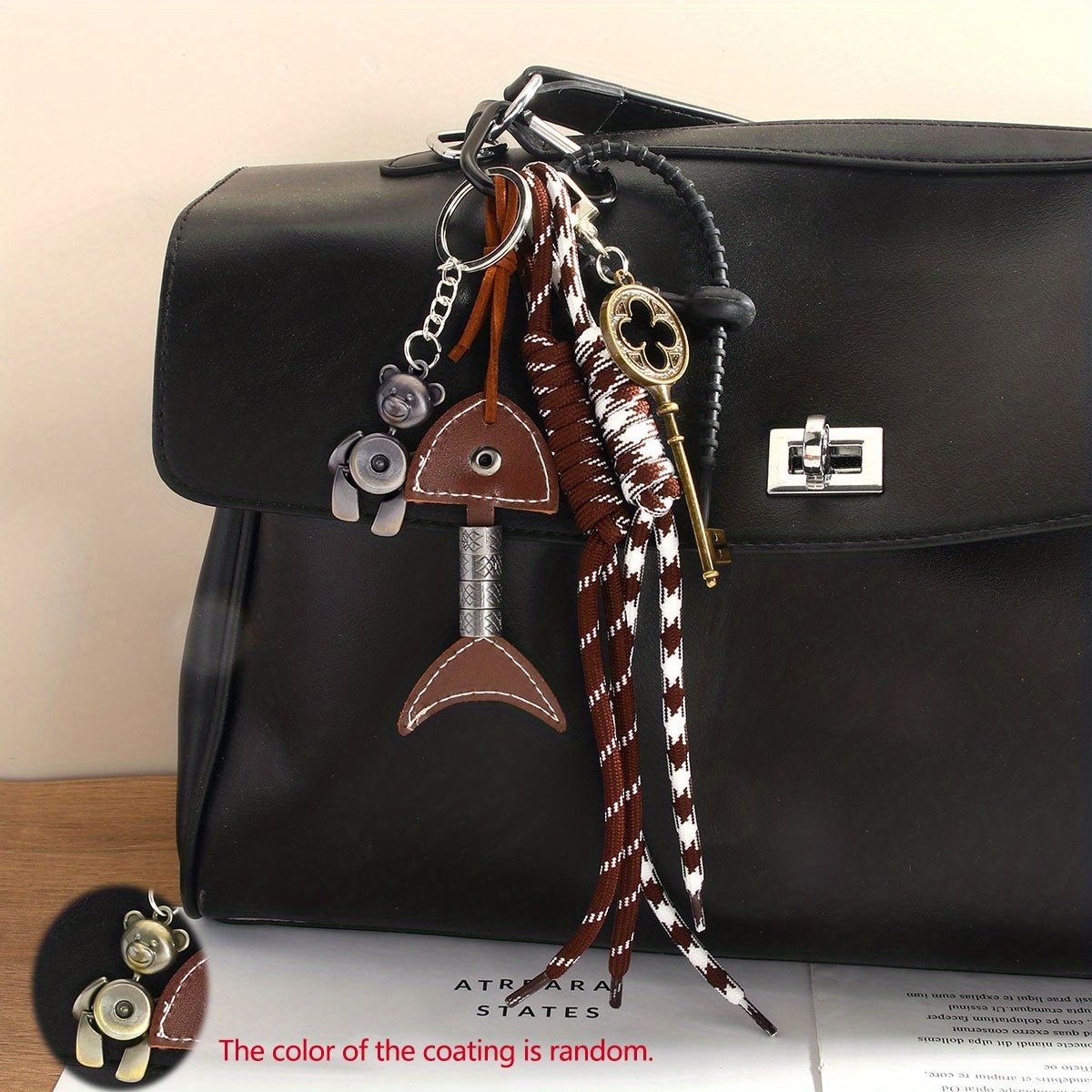 TEMU 1 pièce Pendentif de poisson en PU de style vintage avec breloque clé réglable, Porte-clés pour femme, Breloque tissée en fibre de pour sac,