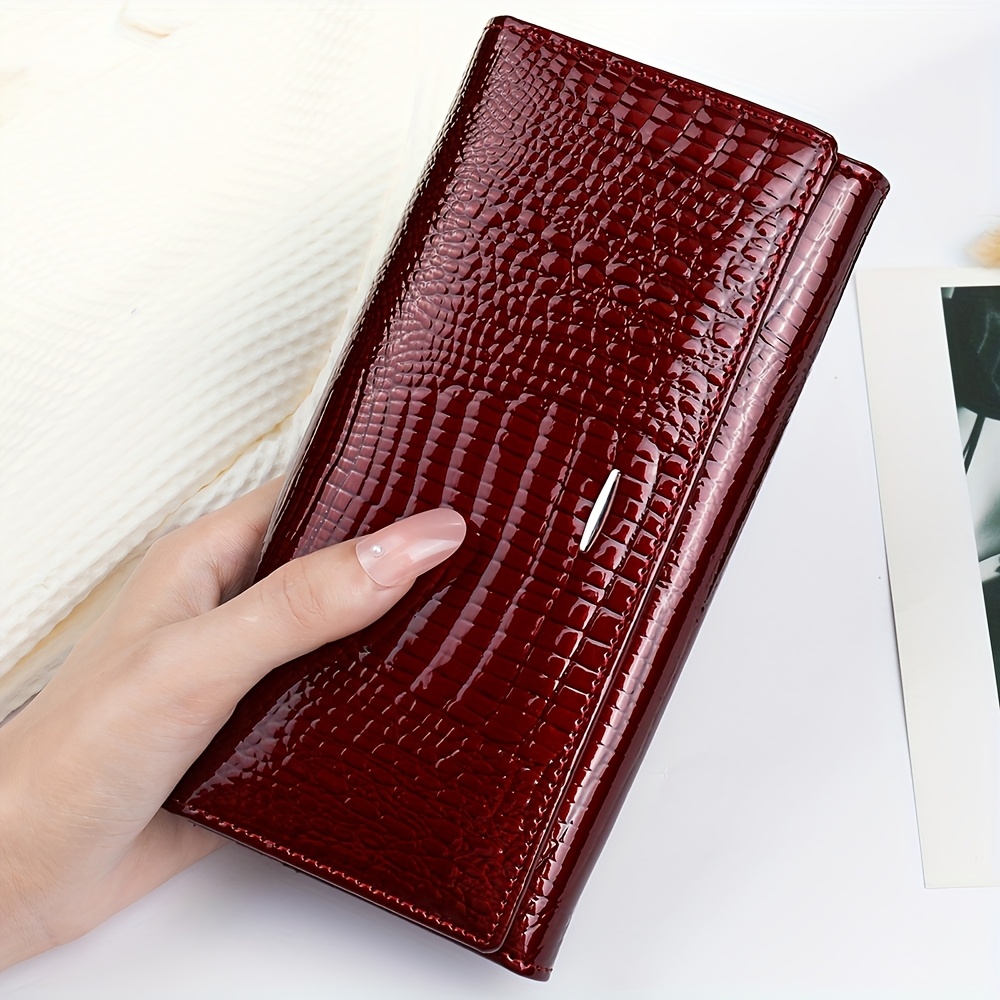 Women's Long Leather Wallet Bifold Design Handbag, Genuine Patent Leather Multi Card Magnetic Large Capacity Wallet And Id Card Holder Gift For Valentine's Day