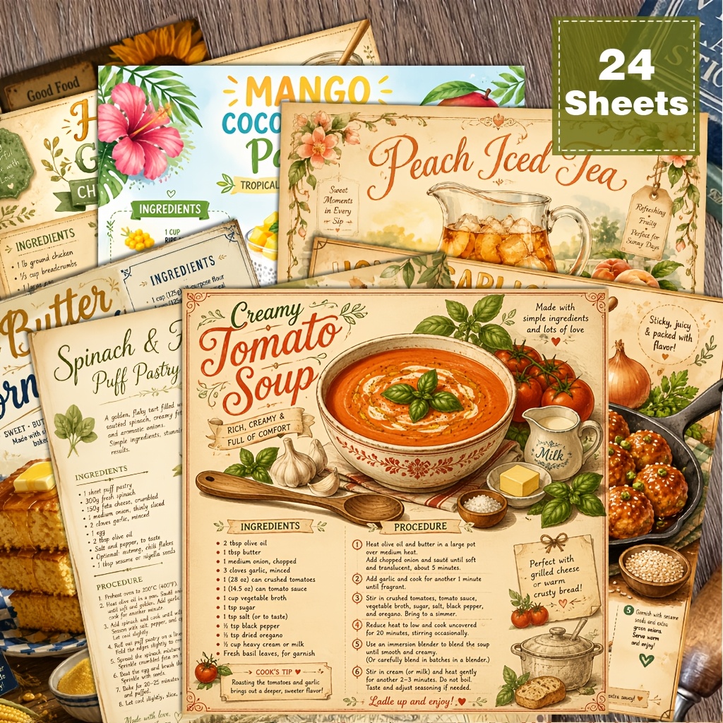 TEMU 24 Sheets Vintage Recipe Card Paper, Rustic Cookbook Page Decorative Cardstock, Watercolor Food Illustration Craft Paper For Kitchen Wall Art,