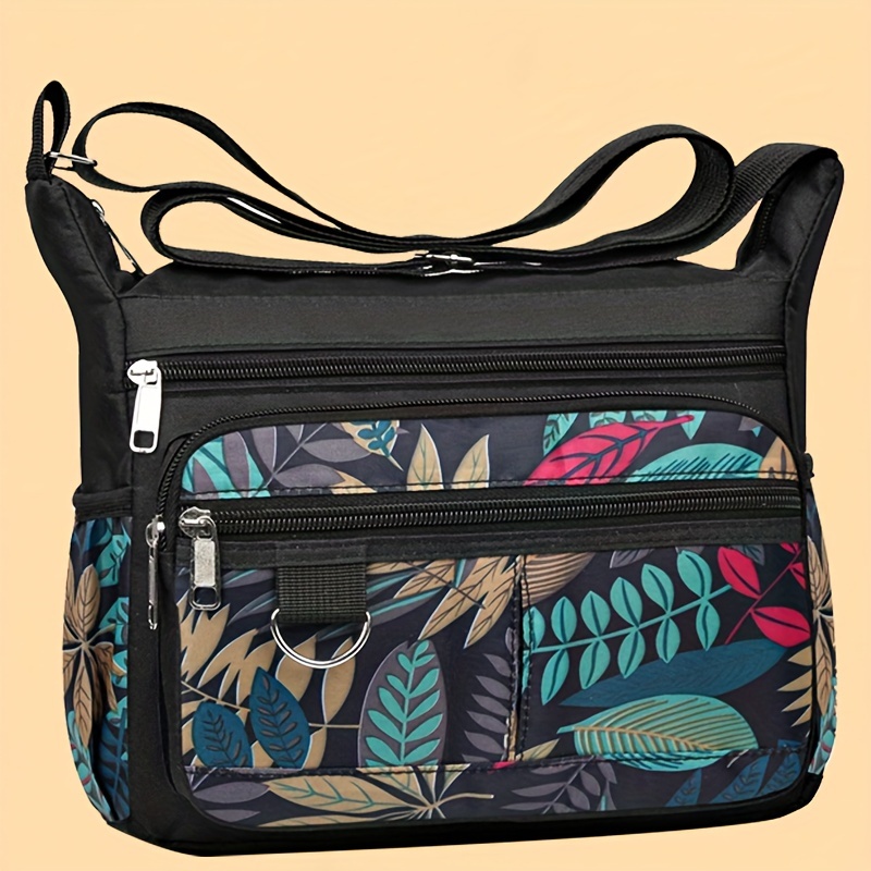 

Small Nylon Crossbody Bag, Leaves Print Everyday Purse For Women, Multi Pocket Travel Shoulder Bag