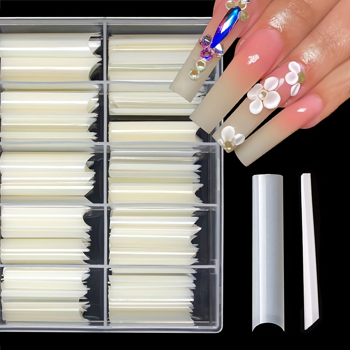 Image of 180/216pcs Long Nail Tips Square Xxxl No Fake Nail Tips For Acrylic Nails Extra Long Half Cover Straight Tapered Square Nails Tips For Nail Salons Press On Nail Extensions