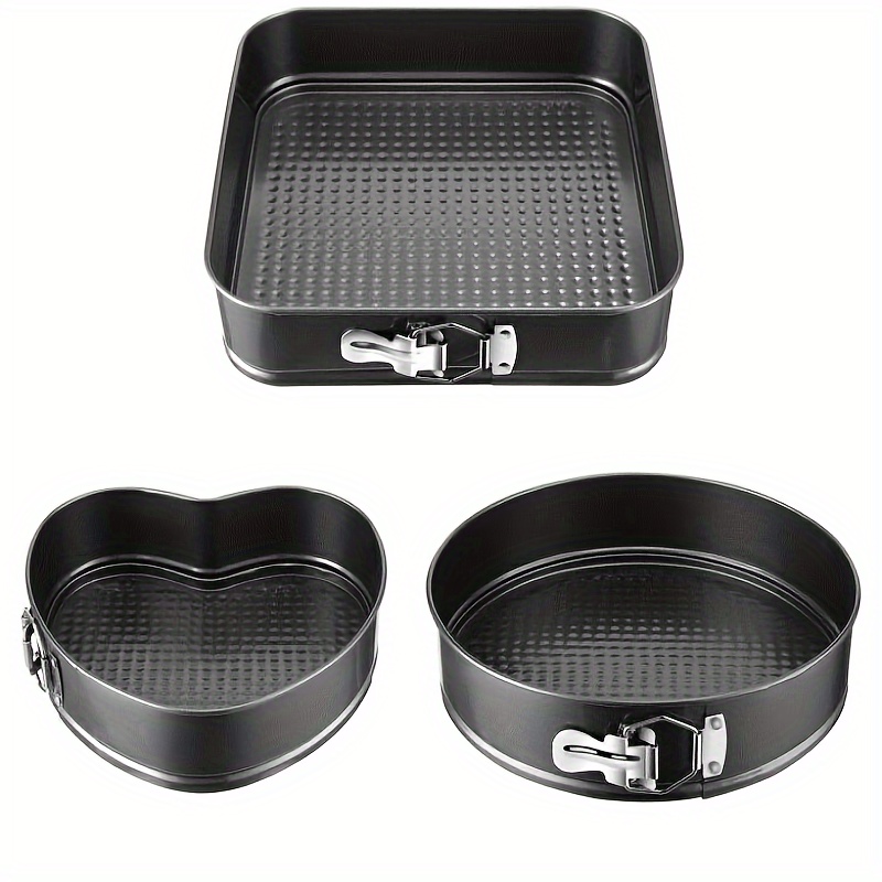

3-piece Non-stick Durable Cake Pan Set With Removable Bottom Cake Mold Carbon Steel Round Heart-shaped Pan Easy Release Kitchen Spring Pan Set, Black