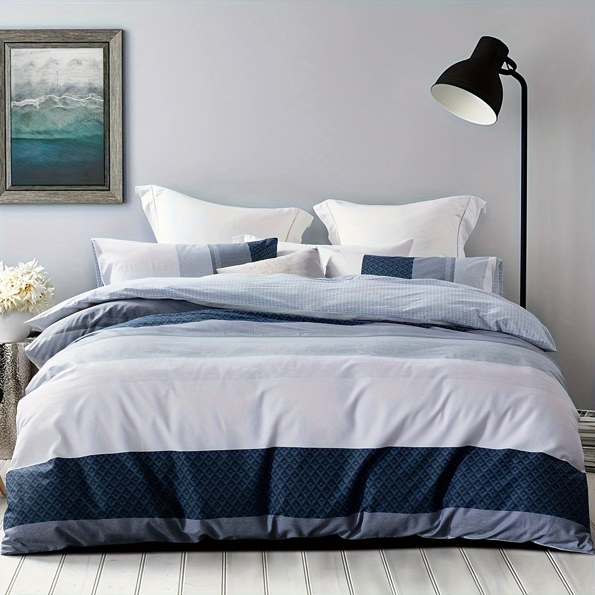 

Duvet Cover Set, 600 Thread Count Cotton White And Navy Striped Patchwork Comforter Cover Set Reversible Quilt Cover