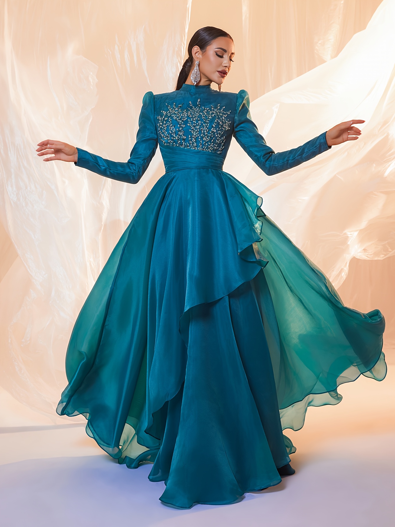 elegant emerald green long sleeve stand collar evening gown - Temu Oman