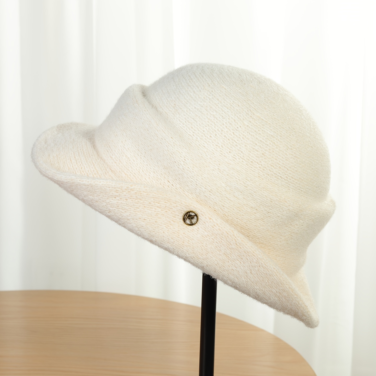 TEMU Elegant Women's Rolled-edge Bell-shaped Hat, Soft Textured Autumn/winter Bucket Hat With Metal Decoration, Solid Color Warm Hat Suitable For