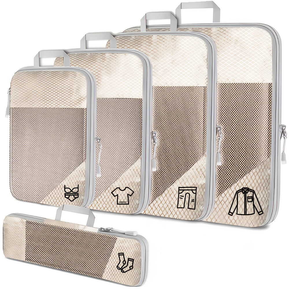 Set of 5 Lightweight Compression Packing Cubes for Travel, Durable Luggage Organizers in Beige and Black