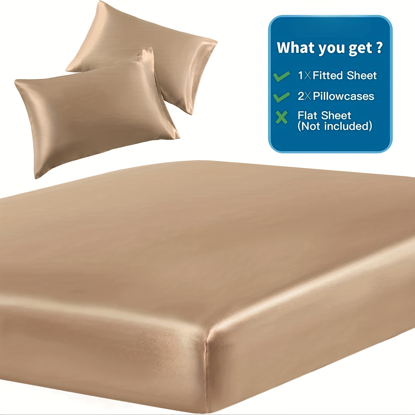 3pcs Luxury Satin Bedding Set, Halloween & Christmas Gift, Soft Y Fitted Sheet Set, Full Size, Machine Washable, Solid Color, Polyester, 80-85 GSM, 12-Inch Fitted Sheet Height, All-Season Use, 1 Fitted Sheet + 2 Pillowcases (No Pillow Inserts)