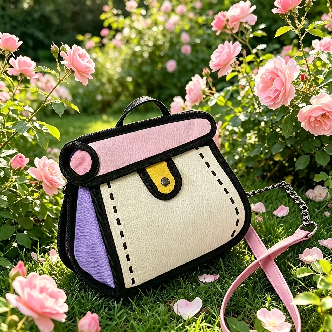 Borsa a tracolla creativa bidimensionale con effetto fumetto, colori a contrasto, piccola borsa a tracolla portatile per uso quotidiano_voghion.com