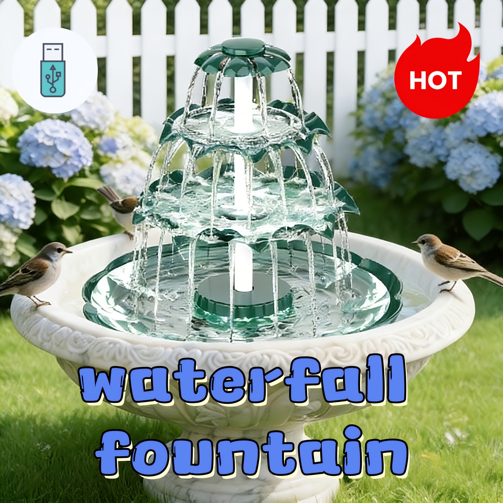 E-shop IPX8 Wasserfallbrunnen, Wasserspiel Outdoor, Outdoor Wasserspiel, USB-Brunnen, 3-stöckiger freistehender Outdoor-Brunnen, Gartendeko für