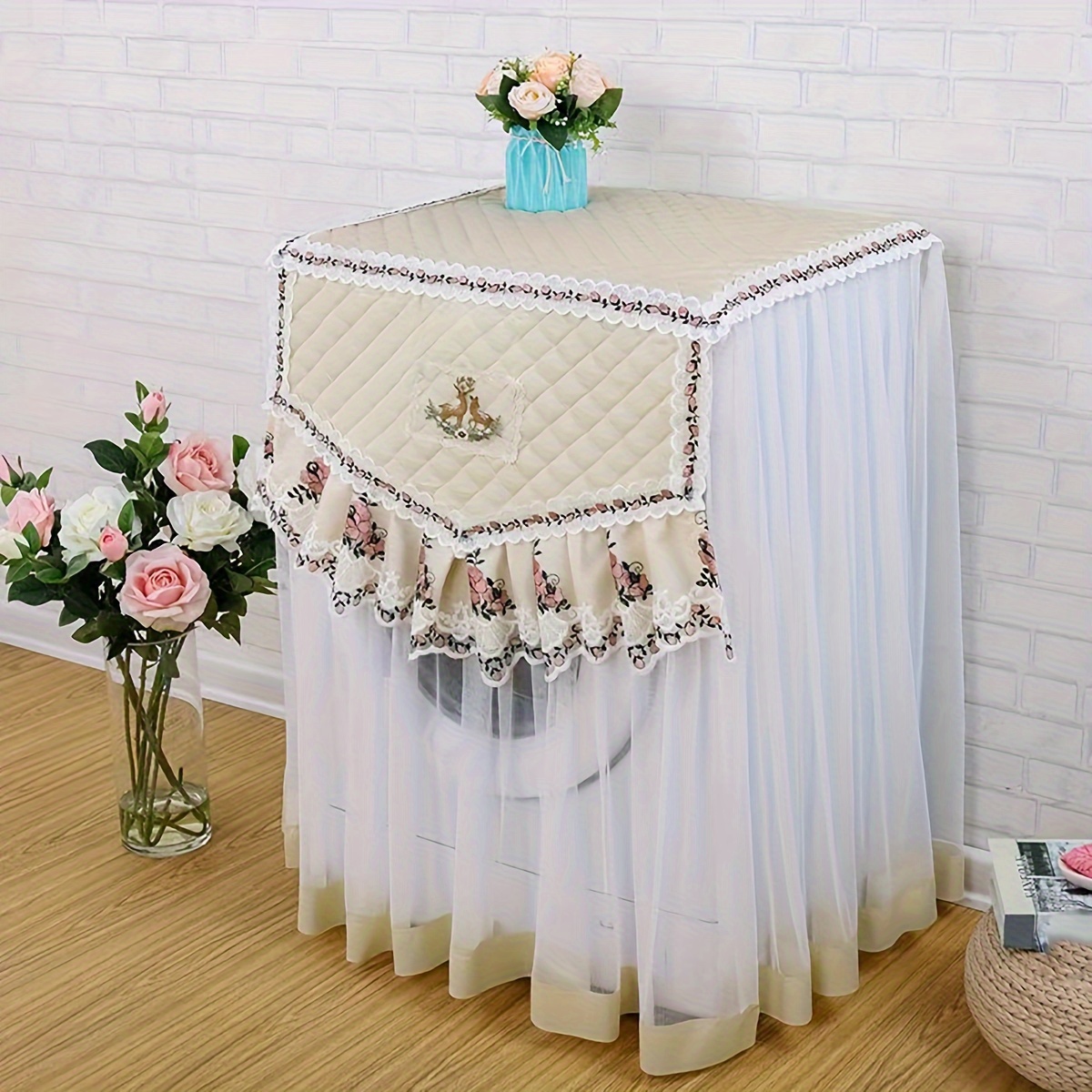 

Elegant Lace Fabric Washing Machine Cover - Quilted Design With Tulle Skirt, Universal Fit For Front And Machines, Dust-proof Protective Washer Cover