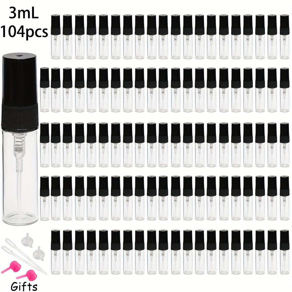 Wholesale pack of 104, high-quality transparent glass perfume bottles in  2ml, 3ml, and 5ml sizes with black mist refillable glass spray 