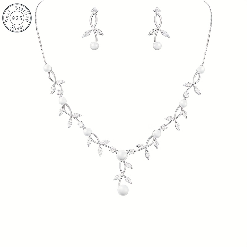 

Synthetic Zirconia And Pearl Floral Pendant Necklace And Earring Set, 925 Bride Jewelry Set, Birthday Gift For Her, With Gift Box