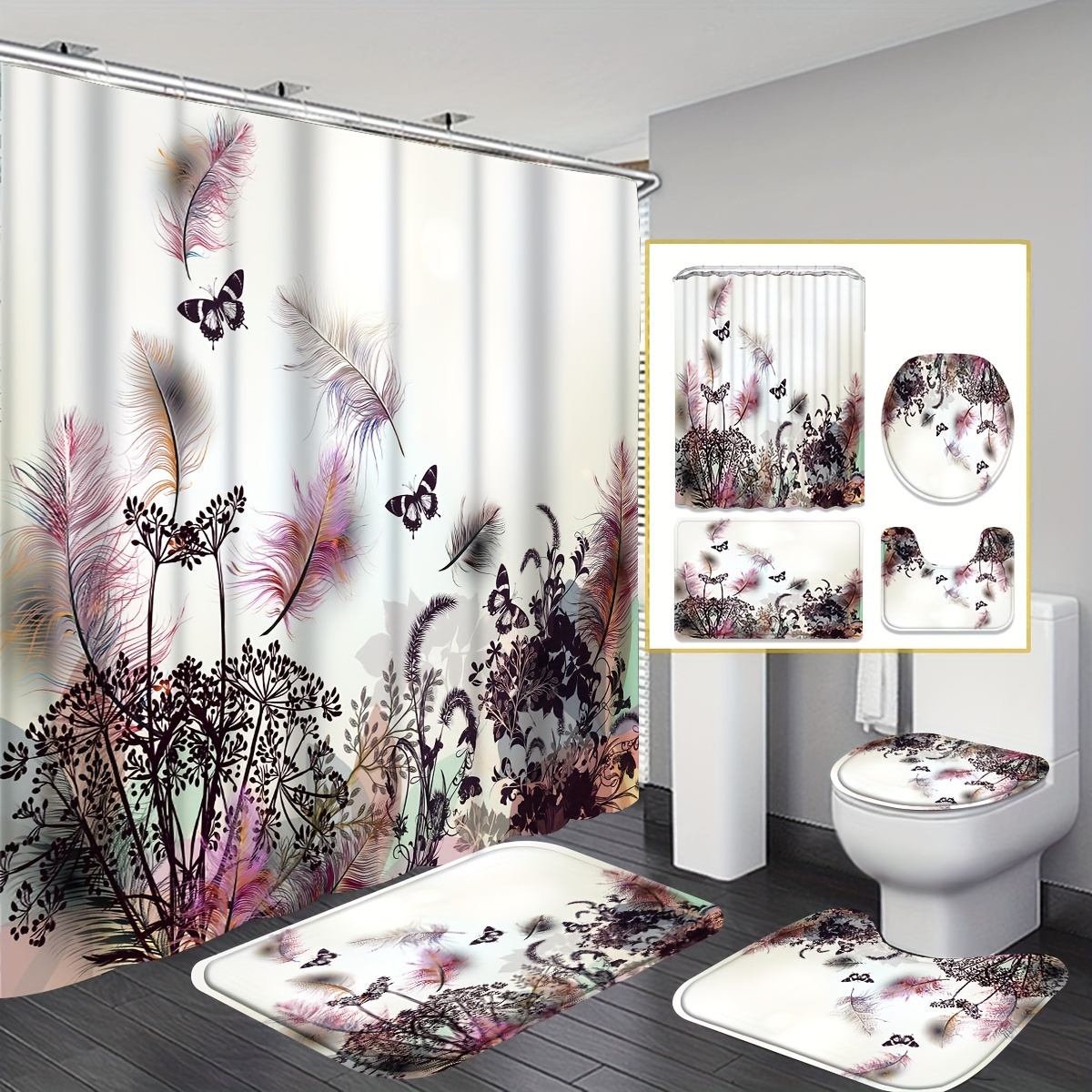 

4pcs Beautiful Floral Botanical Pattern Shower Curtains For Your Bathroom - Stylish 70.8" X 70.8" Curtains And Toilet Mats, Set Of 3 With 12 Shower Curtain Hooks, Fits Any Bathroom Decor