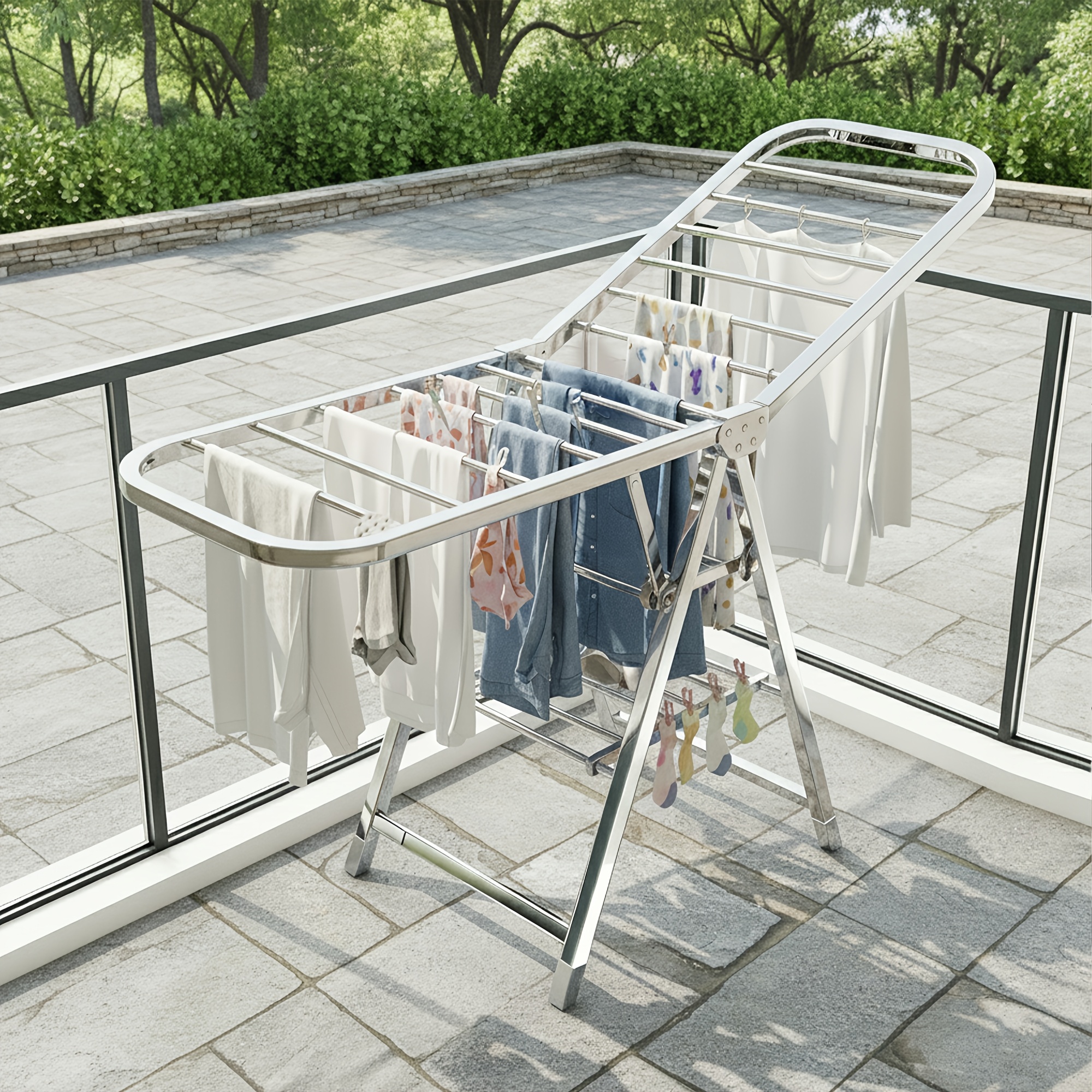 TEMU 1pc Foldable Multi-functional Drying Rack, Folding Design, Stainless Steel Clothing Drying Rack - Foldable Drying Rack, Height Adjustable, Space