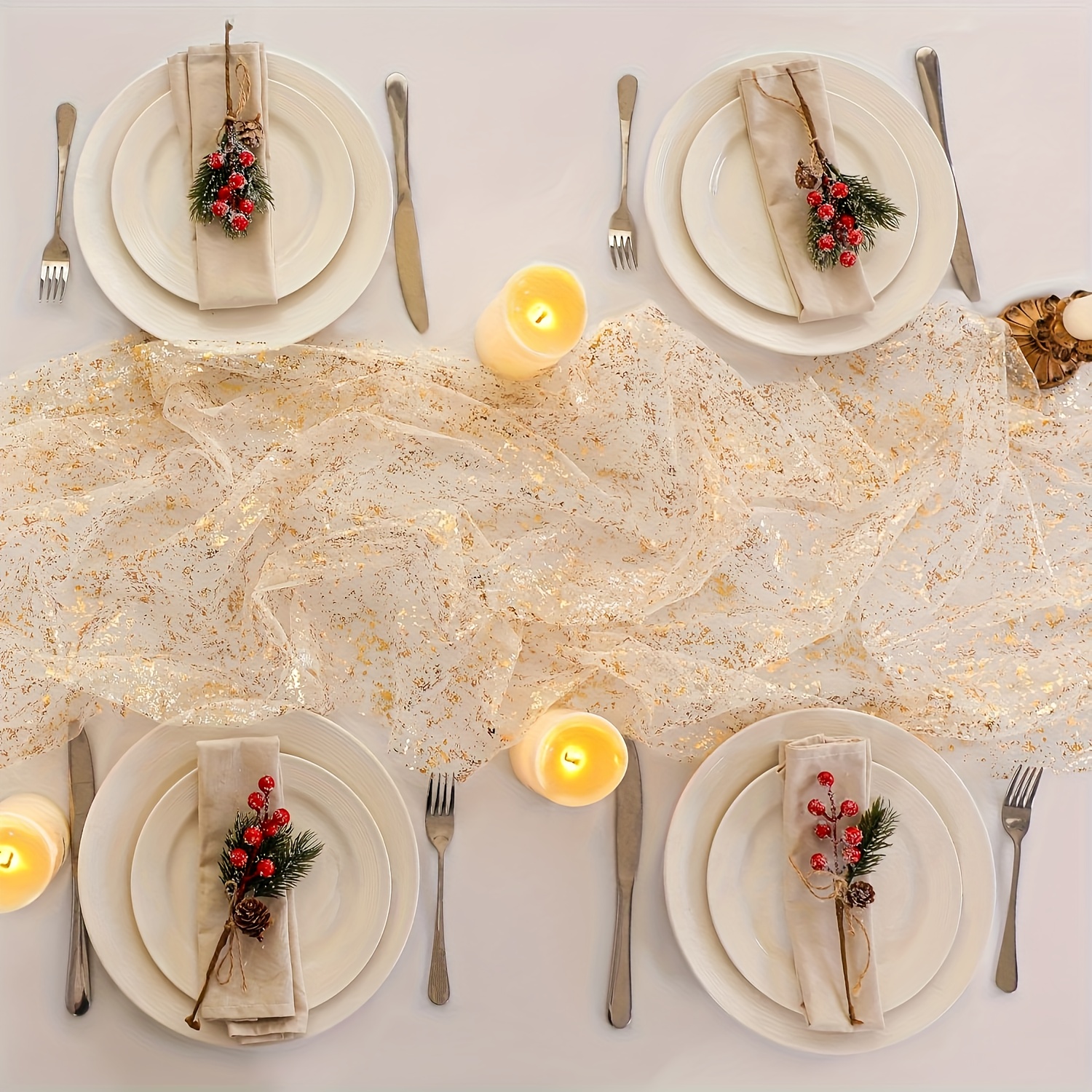 TEMU 1pc Transparent Chiffon Sequin Glitter Metal Foil Table Runner With Multicolor - Shimmering Sheer Rectangular Wedding, Party & Christmas Table