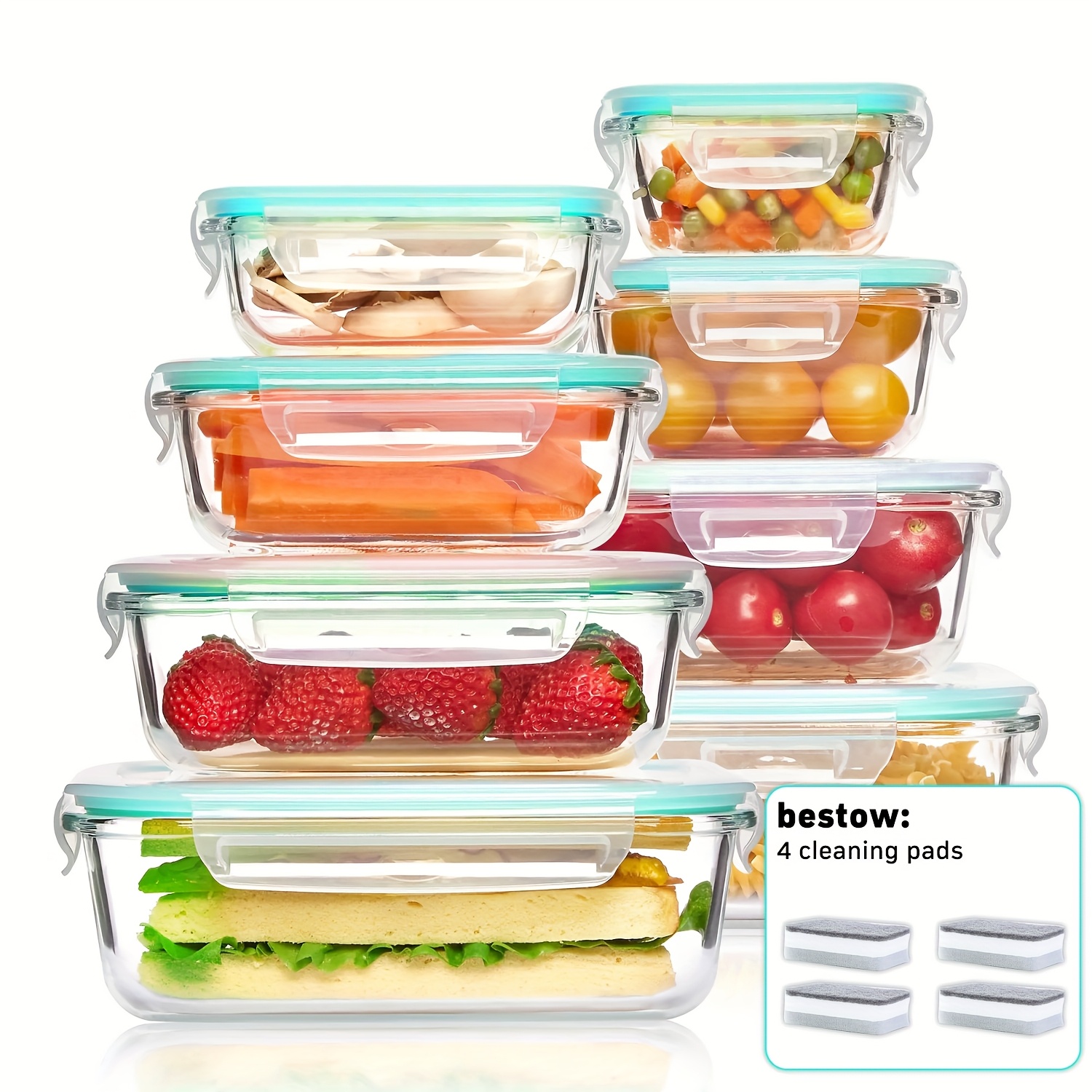 TEMU 4/8/10pcs Glass Food Storage Container, Meal Preparation, Sealed Bento Box With Leak-proof Lock Lid, Microwave, Lunch Box, Oven, Refrigerator And Dishwasher, Bpa-free, Contains 2 Cleaning Sponges