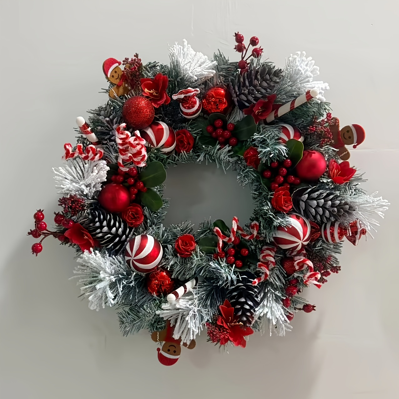 TEMU Large Rustic Christmas Wreath Suitable For Front Door With Natural Pinecones & Candy Canes - Large Door Hanging Decoration With /pine Branches,