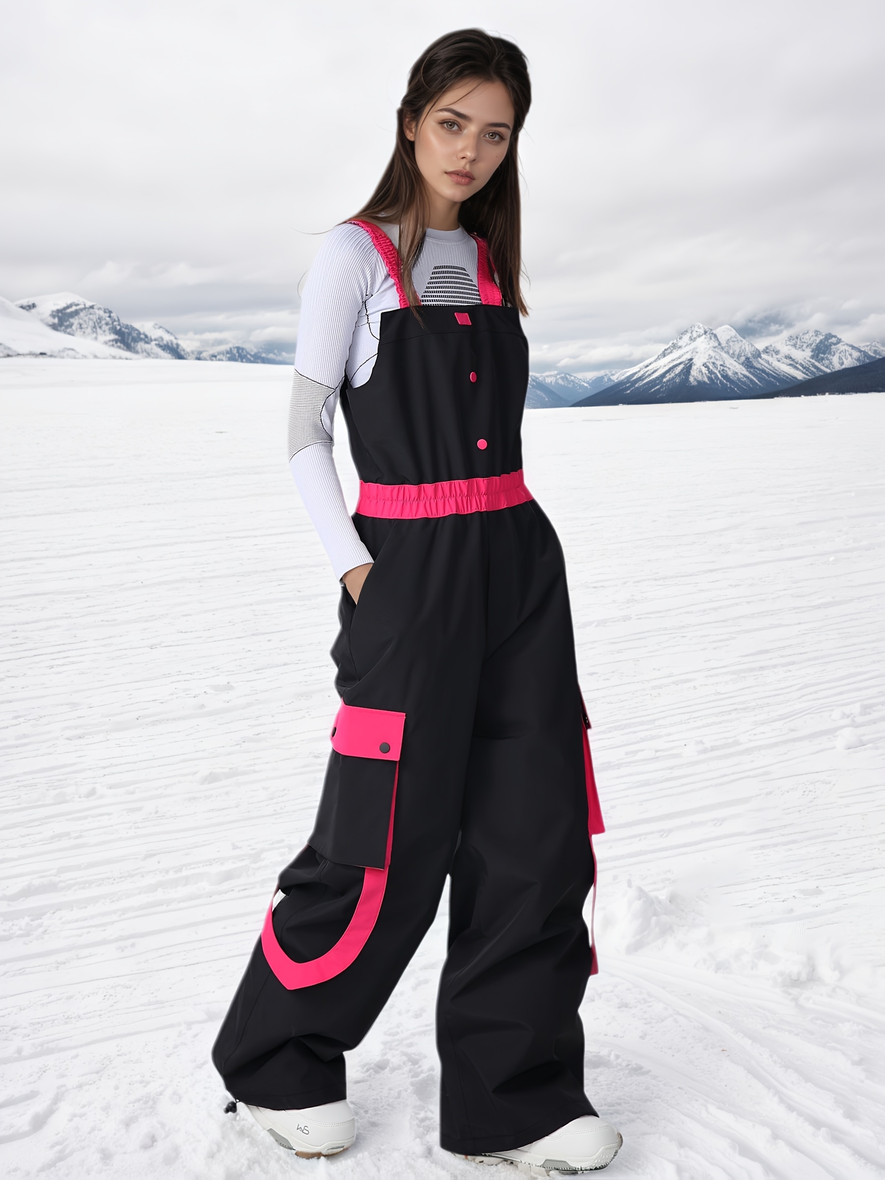 Women   Loose Ski Overalls - Hip Hop Style Winter Wide Leg Pants with Adjustable Shoulder Straps & Oversized Workwear Pockets, High Waisted Snowboarding & Skiing Pants, Elastic Waistband, Non-Stretch Fabric, Solid Color for Fall/ , Skiing Gear, Sporty Design, Durable Construction,  , Ski Clothing Women, Ski Suit Winter Women, Ski Pant Women