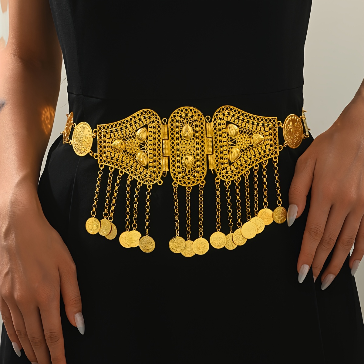 TEMU A Golden-plated Heavy-duty Hollow Carved Round Pendant Tassel Design Belt For Parties, Weddings, Banquets, And Additions