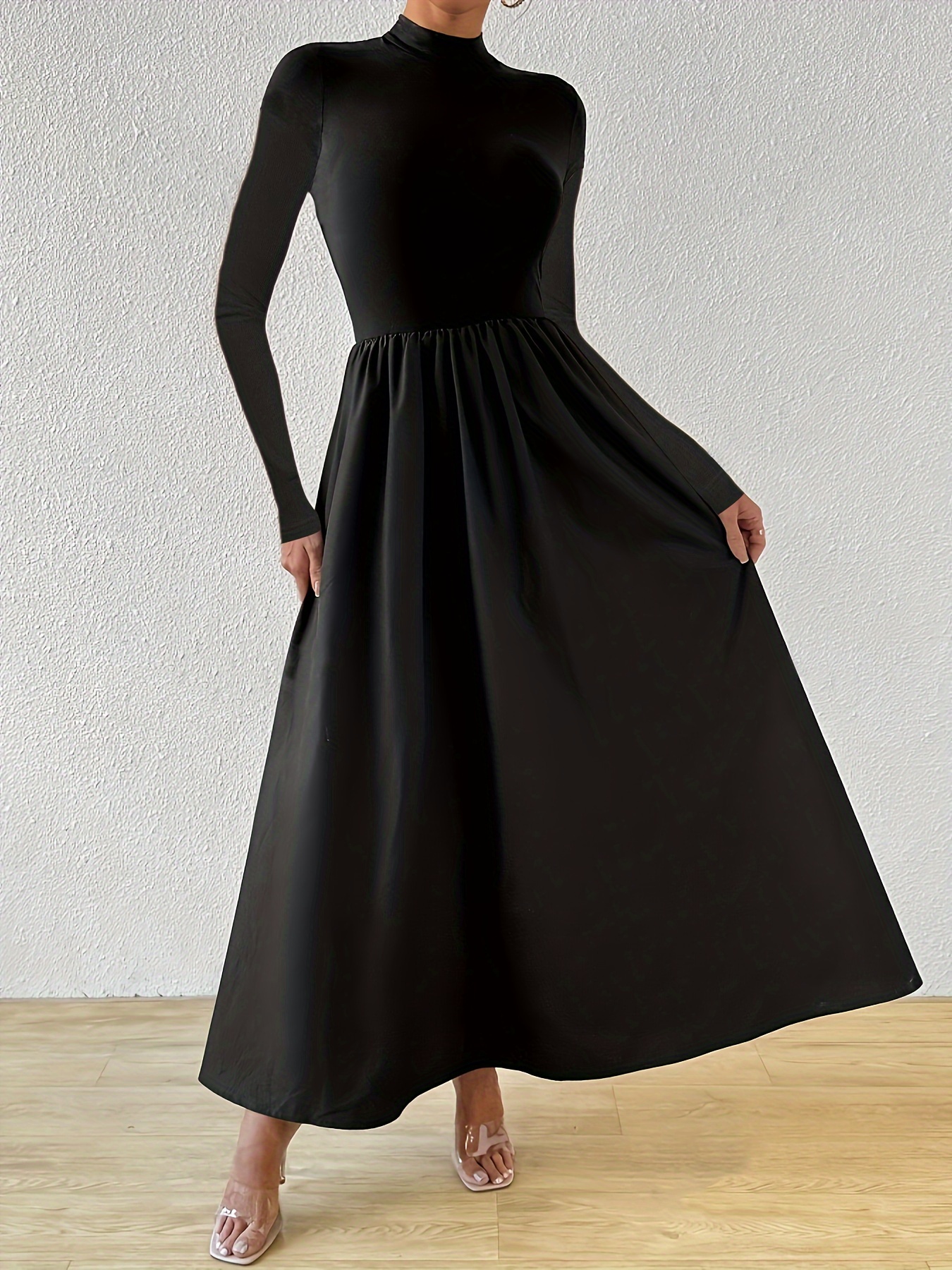 Women'S Long Sleeve * Fit Stand Collar Dress with Flared Hem, Fashion  Flared Hem Dress, Casual Solid Color Dress, Elegant * Dress, Suitable for  Daily ...