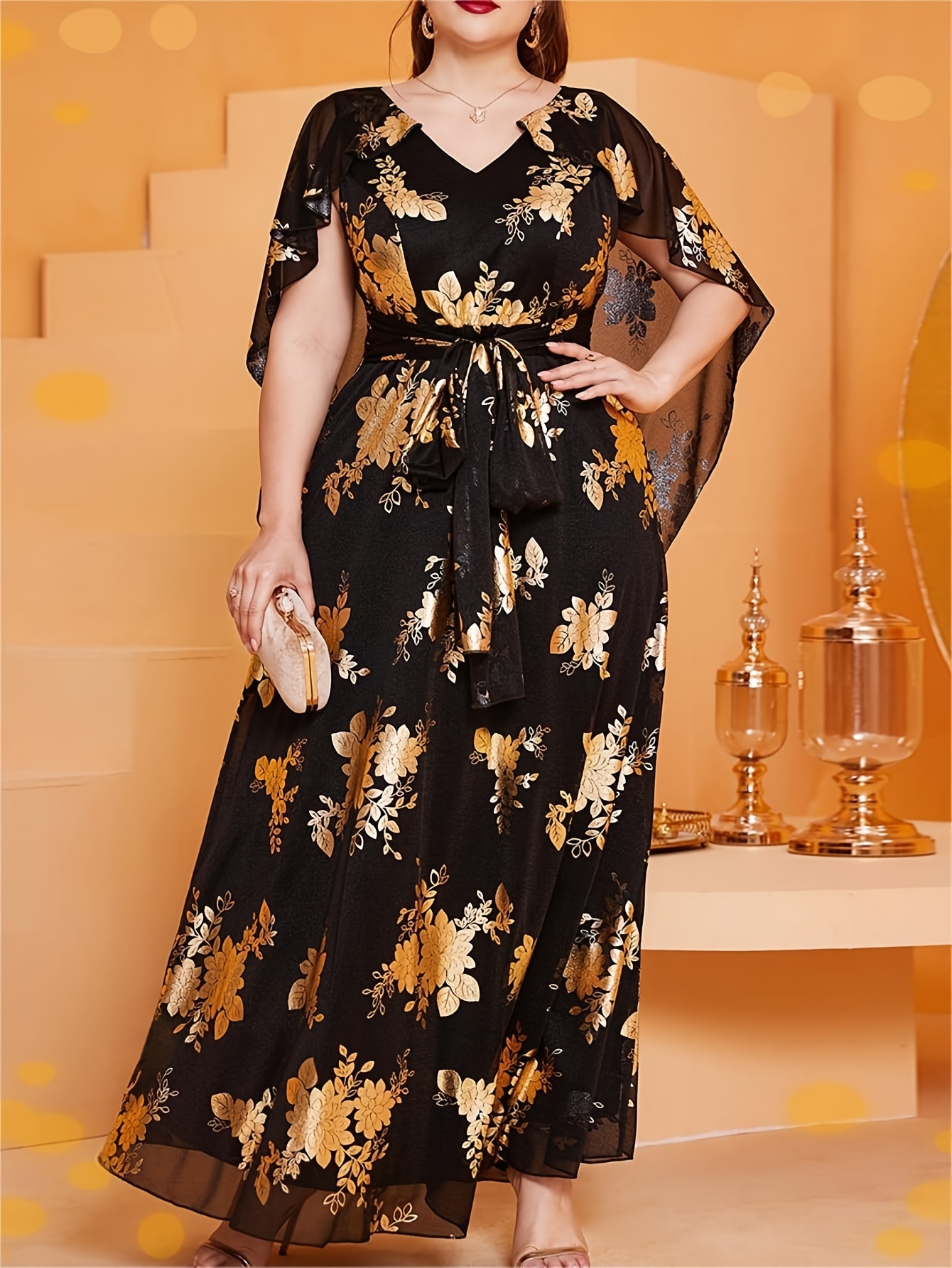 Plus Size Gold Clothes For Women Plus Size Women's Elegant V-Neck